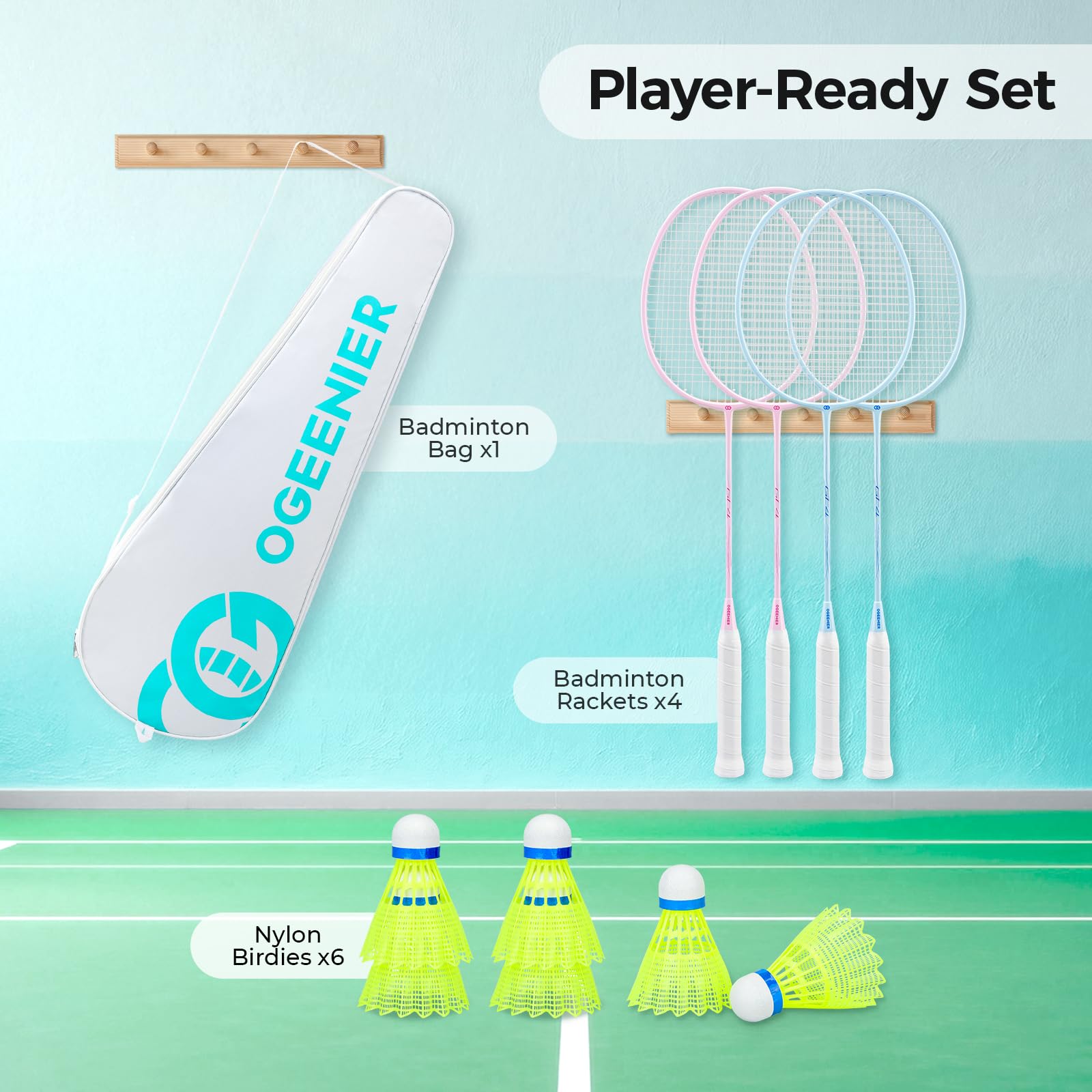 OGEENIER Badmintonschläger, Leichtgewichtiger Badminton Schläger Profi, inkl. 4 Badminton Schläger,6 Federball und 1 Badmintonschläger mit Tasche für 4 Personen