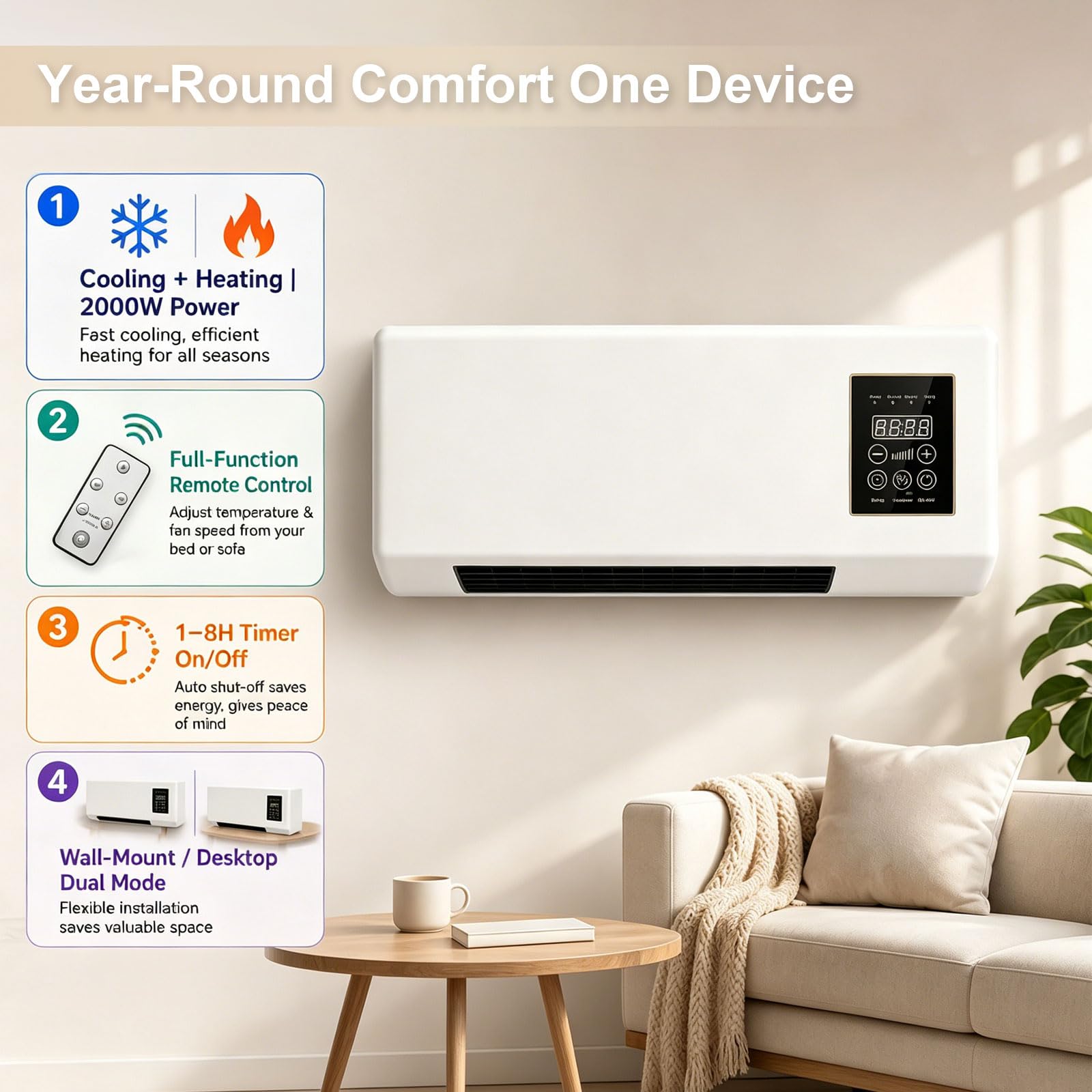 Aire Acondicionado Portátil De 2000W, Frío/Calor Regulable, Control Remoto Y Temporizador De 8 Horas, Aire Acondicionado Montado en la Pared de Doble Uso for casa u oficina,White
