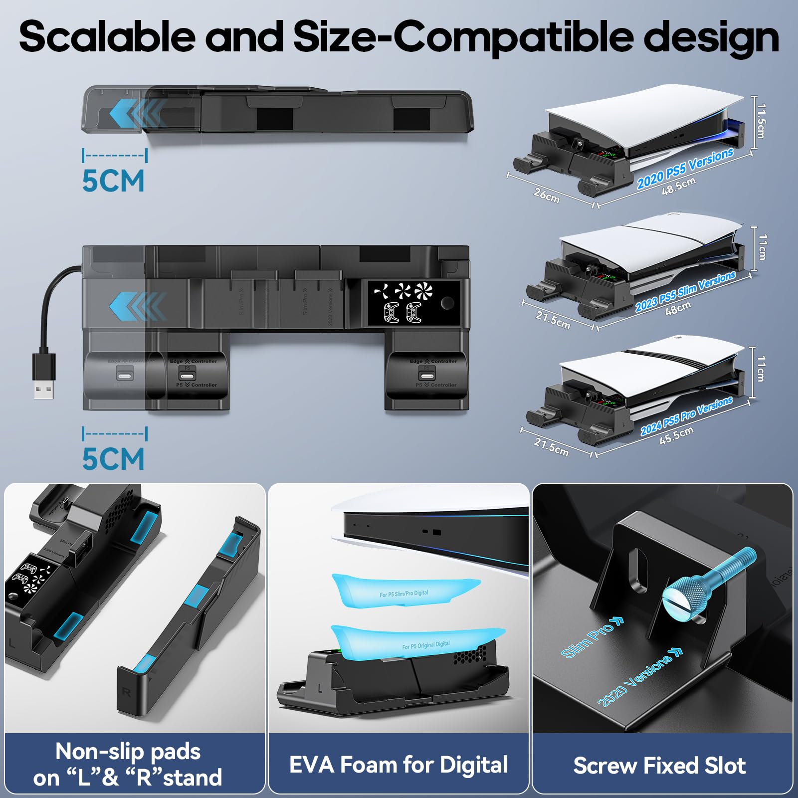 Soporte Horizontal para PS5/Slim/Pro, con Ventilador para PS5 & Cargador para PS5 Mando Original y Edge, Ampliable Base Refrigeradora Horizontal para PS 5, Apto para Todas P5 Disc & Digital, Negro