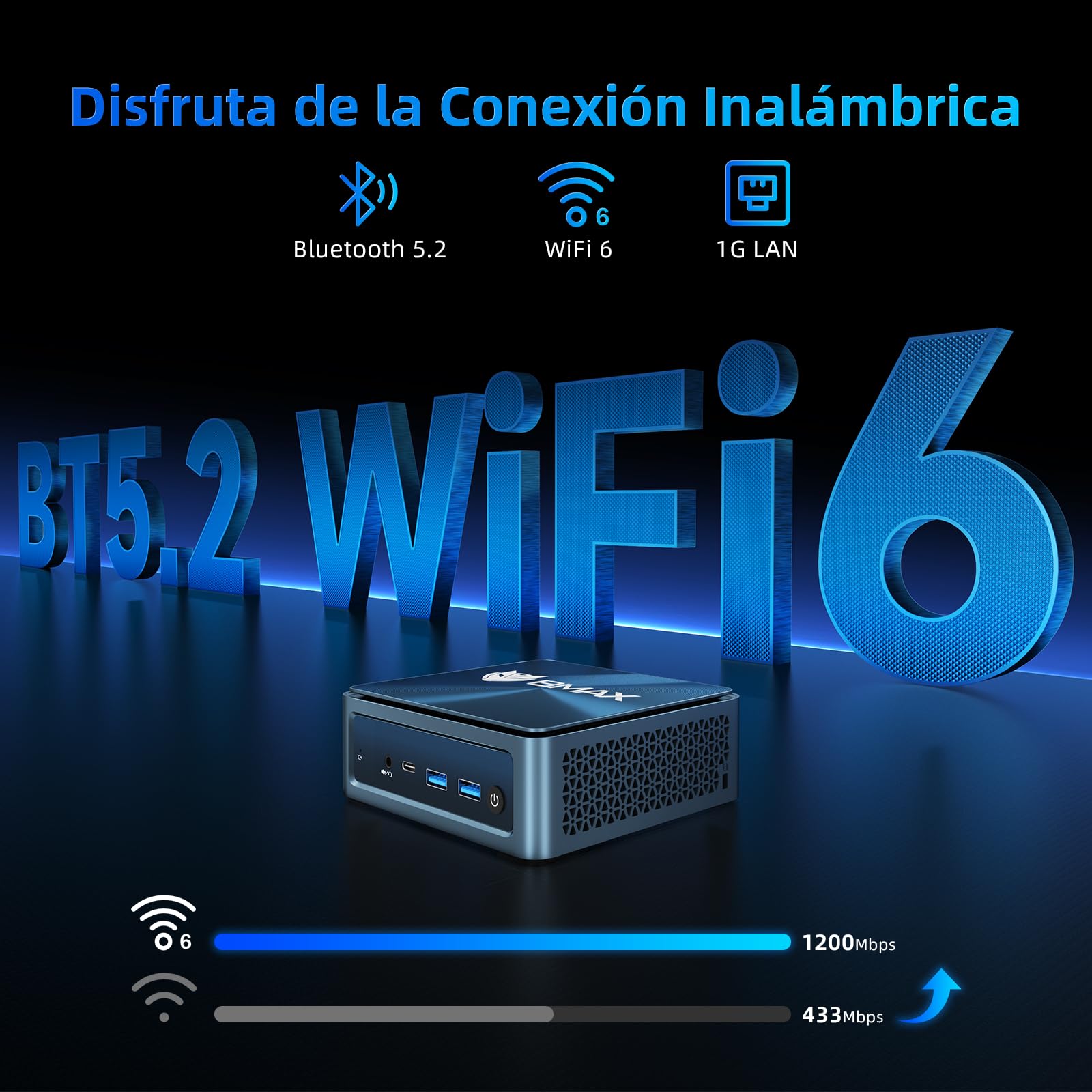 BMAX Mini PC B9Plus Intel Core i5-1235U (hasta 4,4 GHz, 10 C/12T), 24GB LPDDR5, 512 GB NVMe SSD Mini Ordenador de sobremesa, Wi-Fi 6, BT5.2, Triple Pantalla 4K 60Hz, HDMI,Tipo C, DP 1,4a, Micro PC — view 4