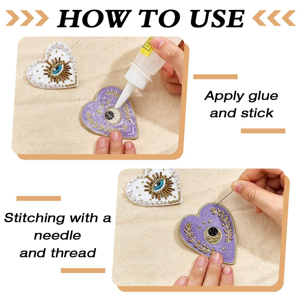 MAYJOYDIY 4 toppe con perline a forma di cuore con occhi malvagi, 4 stili, ricamate a mano, con strass, da cucire, per vestiti, jeans, giacche, borse, scarpe