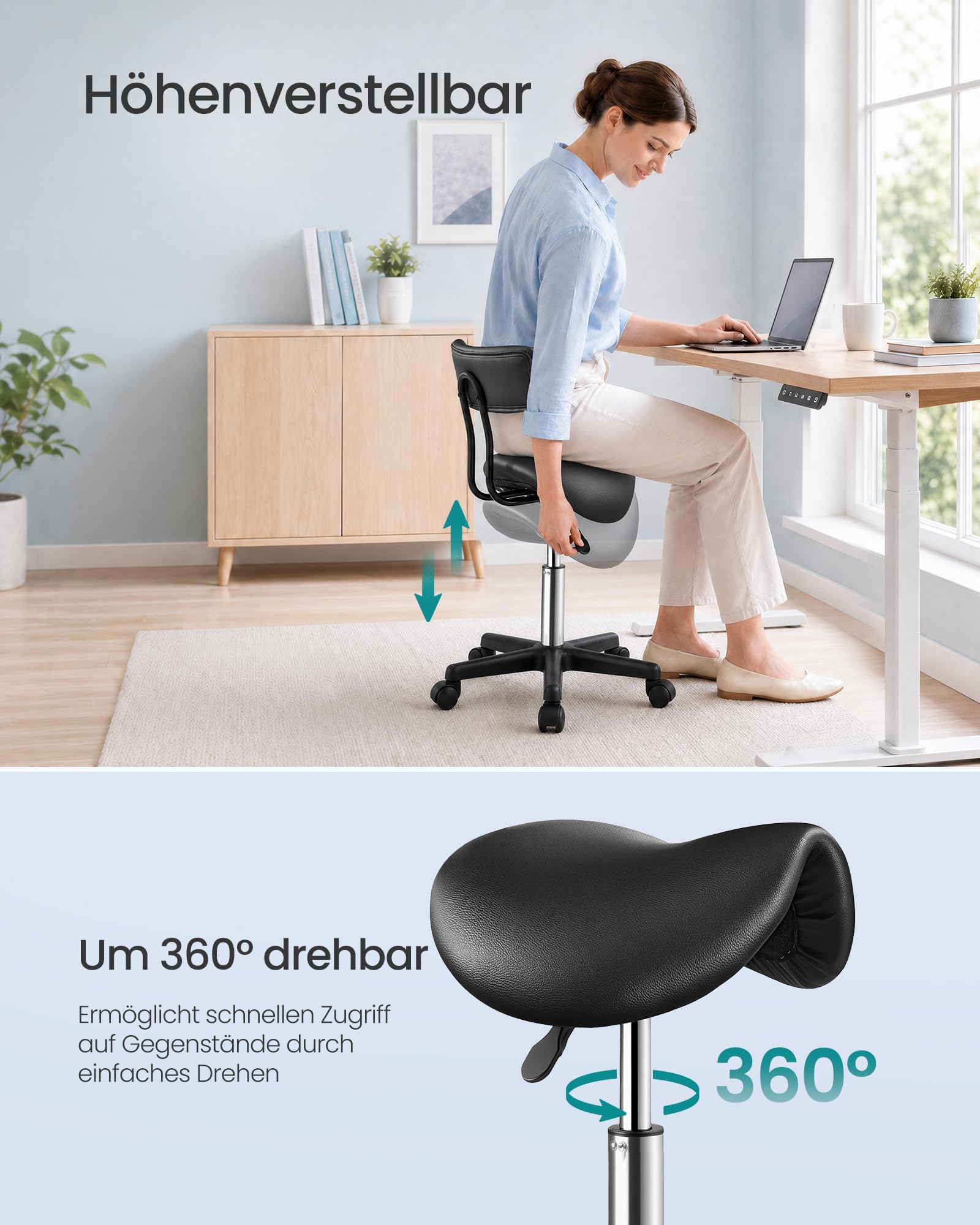 SONGMICS Sattelhocker ergonomisch, Rollhocker höhenverstellbar 360° drehbar, PU, mit Rückenlehne, tintenschwarz