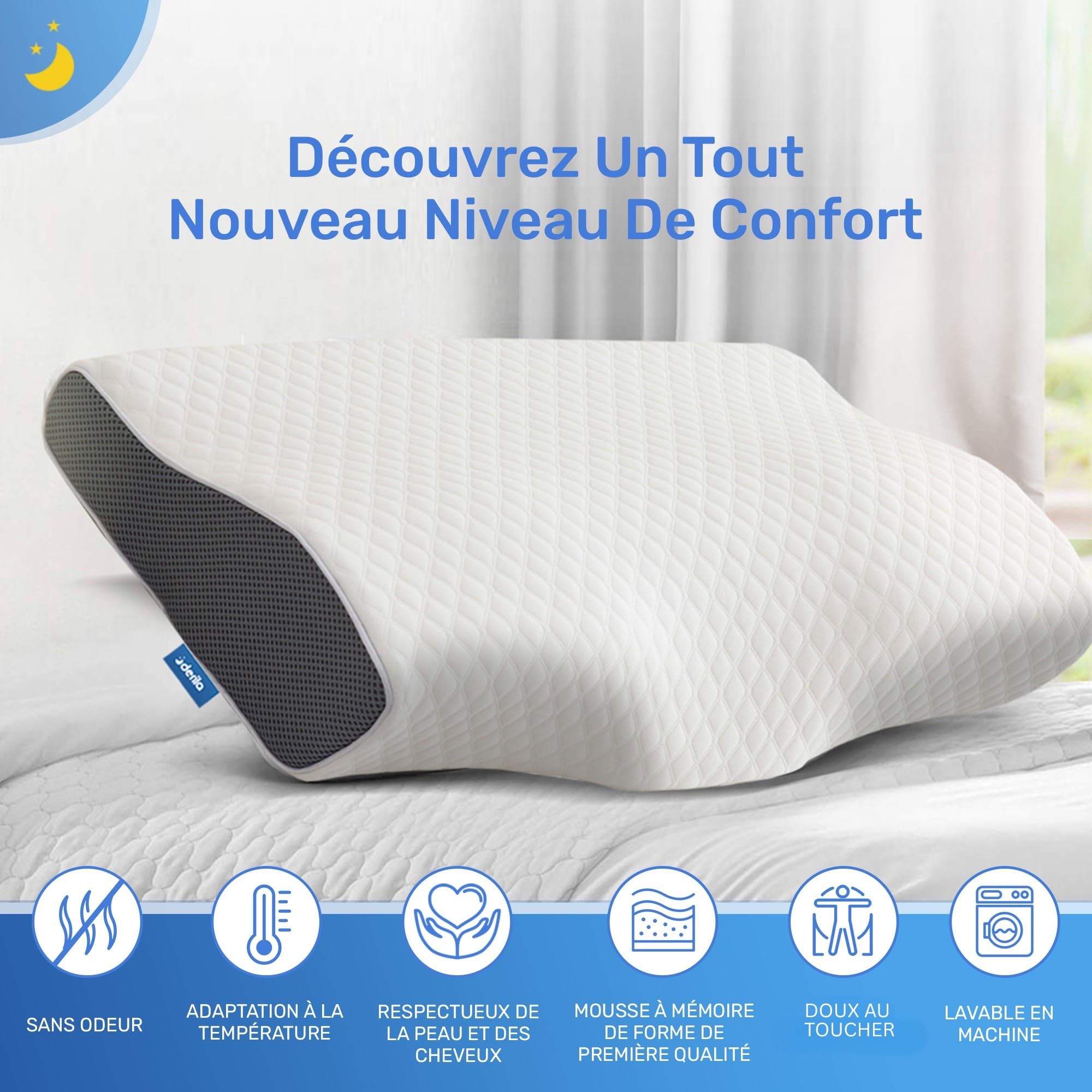 Derila Oreiller Mémoire de Forme Queen Size Cervical Rafraîchissant | Forme papillon, Taille Queen 50x30x6/10 cm, Housse amovible lavable en machine, Se déploie en 24h après déballage