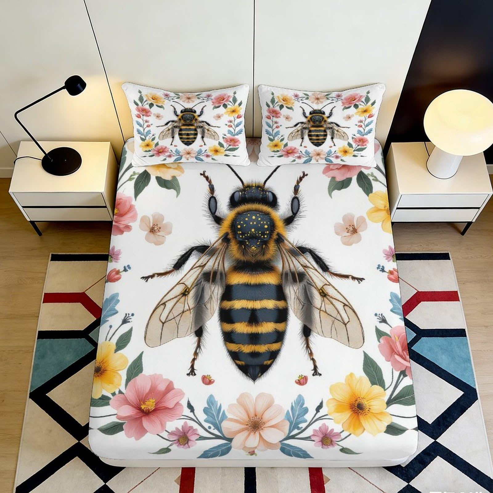 3D Printed Bee Floral Fitted Sheet Microfiber Soft Anti-Slip Mattress Cover for Bedroom Guest Room Easy Care 140x200x25cm