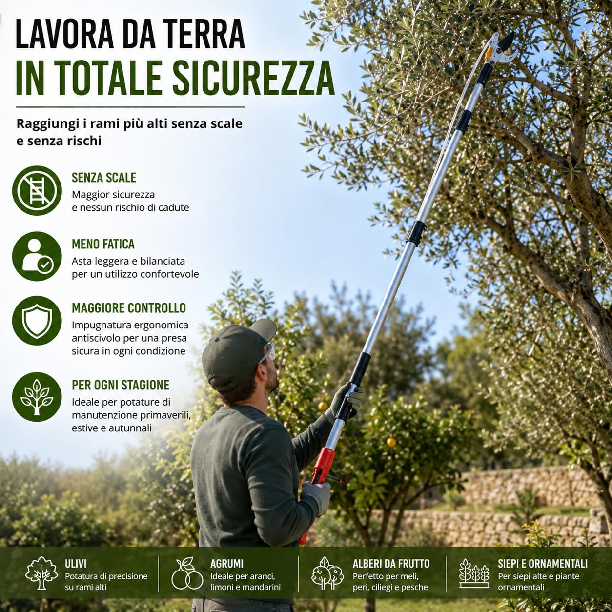Cesoia Troncarami Telescopica 2 in 1 con Seghetto Intercambiabile 180-300 cm, Asta in Alluminio Leggera, Svettatoio Professionale per Potatura Alberi, Ulivo, Agrumi e Rami Alti