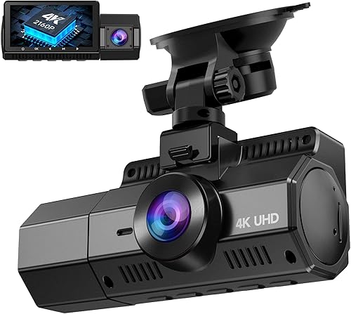 Cámara de tablero dual 4K frontal e interior, cámara de coche Veement Dash con GPS, 2160P frontal + 1080P cámara trasera interior para automóviles,