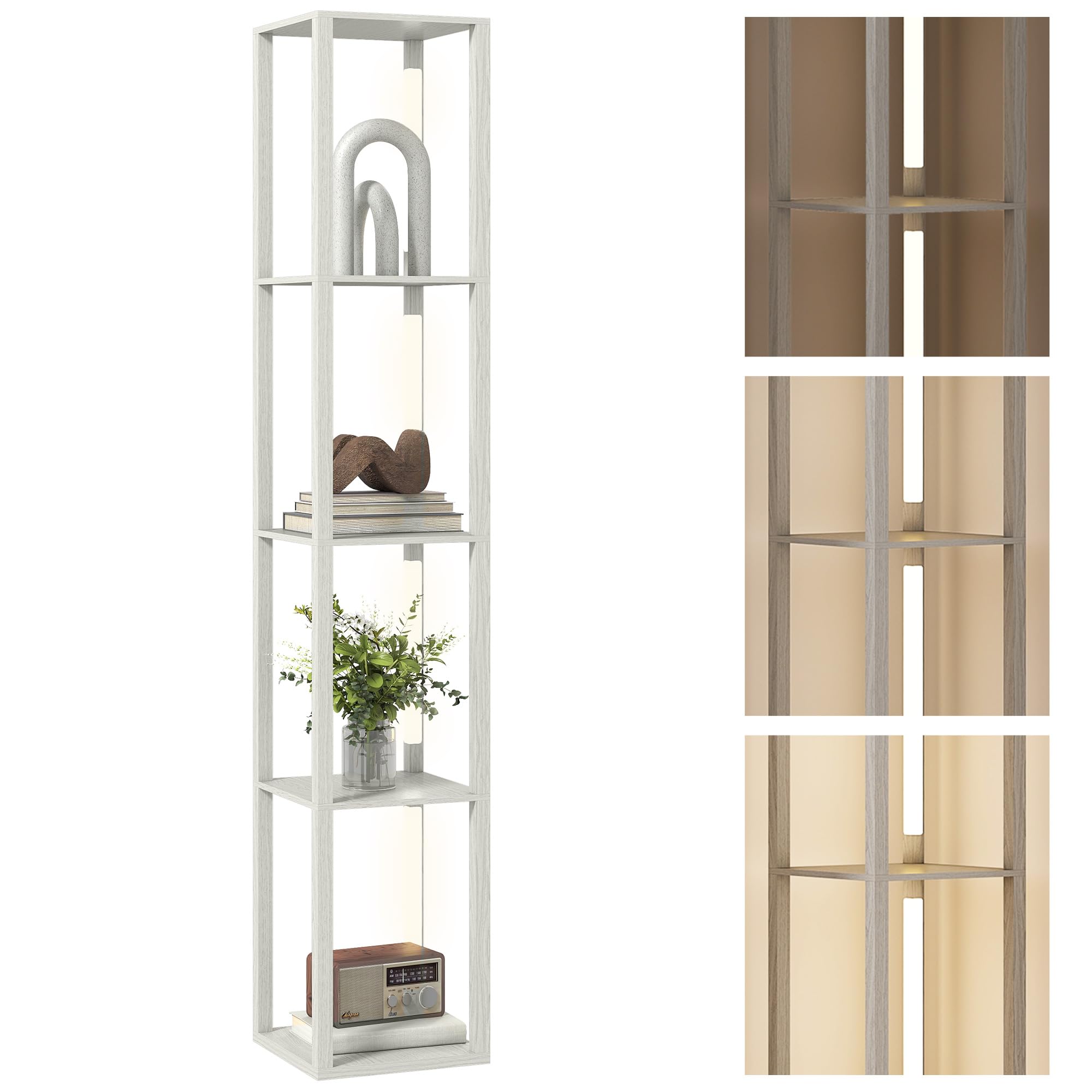 Homcom Oak Led Floor Lamp With Shelves, Modern Dimmable Standing Lamp With 3 Brightness Levels And Foot Switch For Living Room, Bedroom, Office,