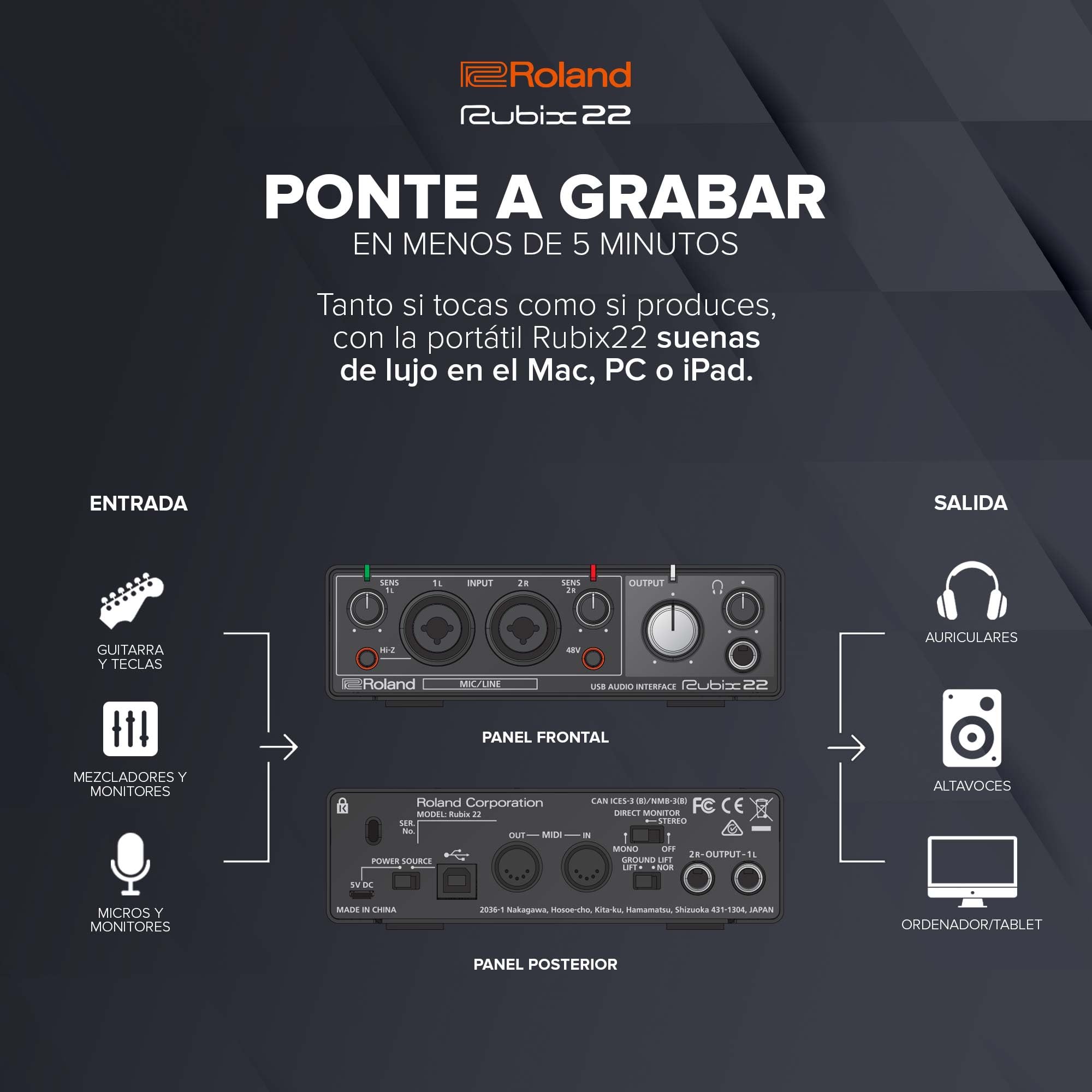 Roland Rubix22 Interfaz de audio USB de dos entradas y dos salidas | Audio en alta resolución | Graba con micros, guitarras, teclas y más | Compacto y resistente | Compatible con Mac, PC y iPad
