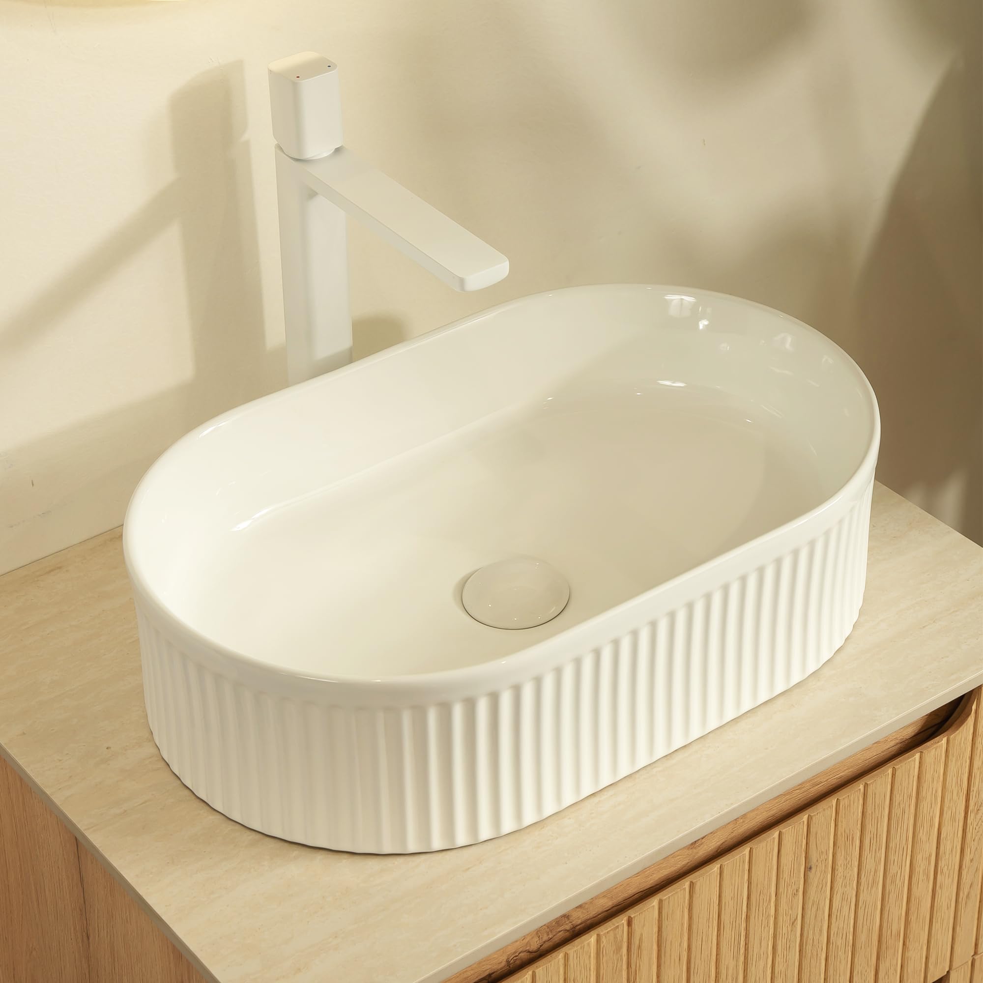 Lavabo ovalado de cerámica, 49 cm, blanco, sin grifo ni desagüe, a rayas, para baño