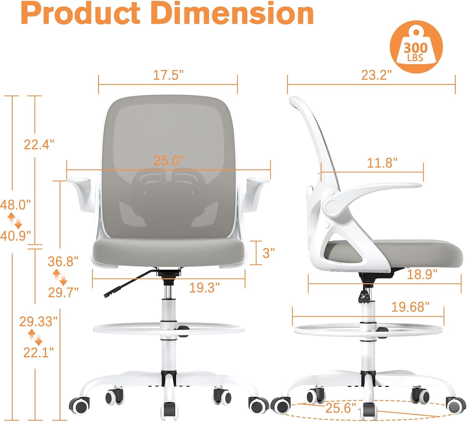 WHITE Tall Drafting Chair with Lumbar Support and Footrest Ring, Supportive Tall Extended Height Ergonomic Desk Chair for Home Work, Breathable Mesh Office Chair with Flip up Arms(Gray)