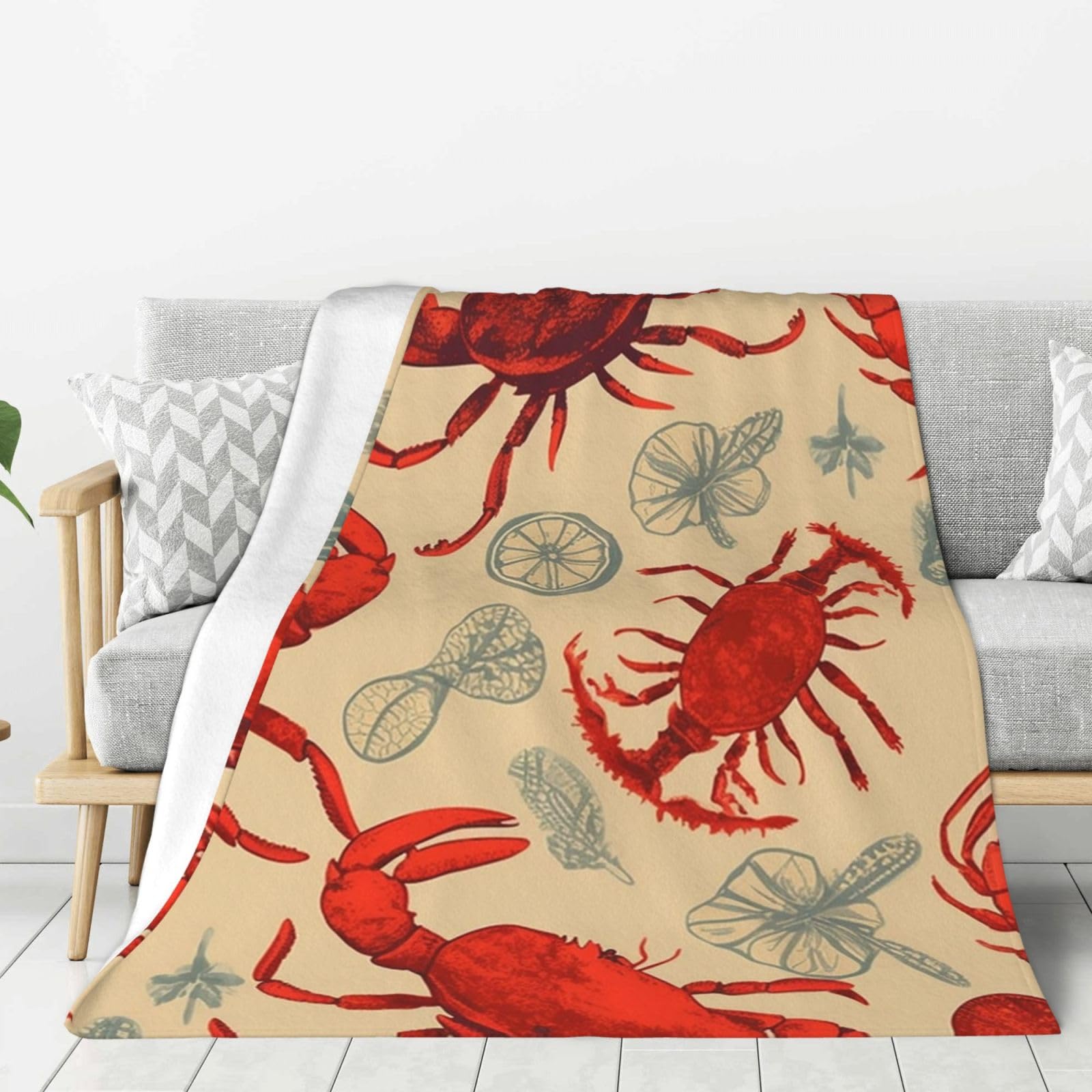 Lobster and Crab Throw Blanket Plush Flannel Fleece Blanket, Soft Lightweight Cozy Blankets 50"X40" for Bed Couch Sofa Travel