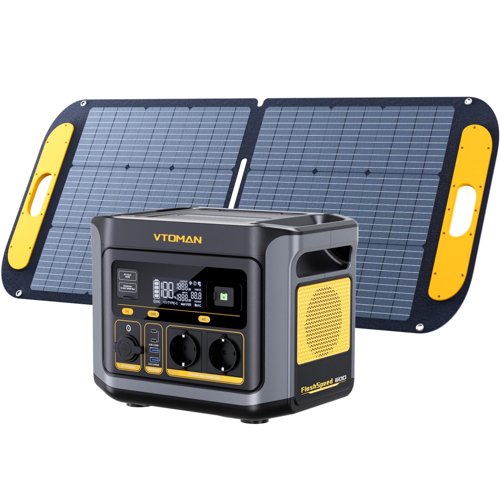 VTOMAN FlashSpeed 600 Estación de Energía Portátil con 110W Panel Solar | Generador Solar 499Wh 600W, Batería LiFePO4, 80% Carga Rápida en 1H, Capacidad Ampliable, Camping, Fiestas, Jardin