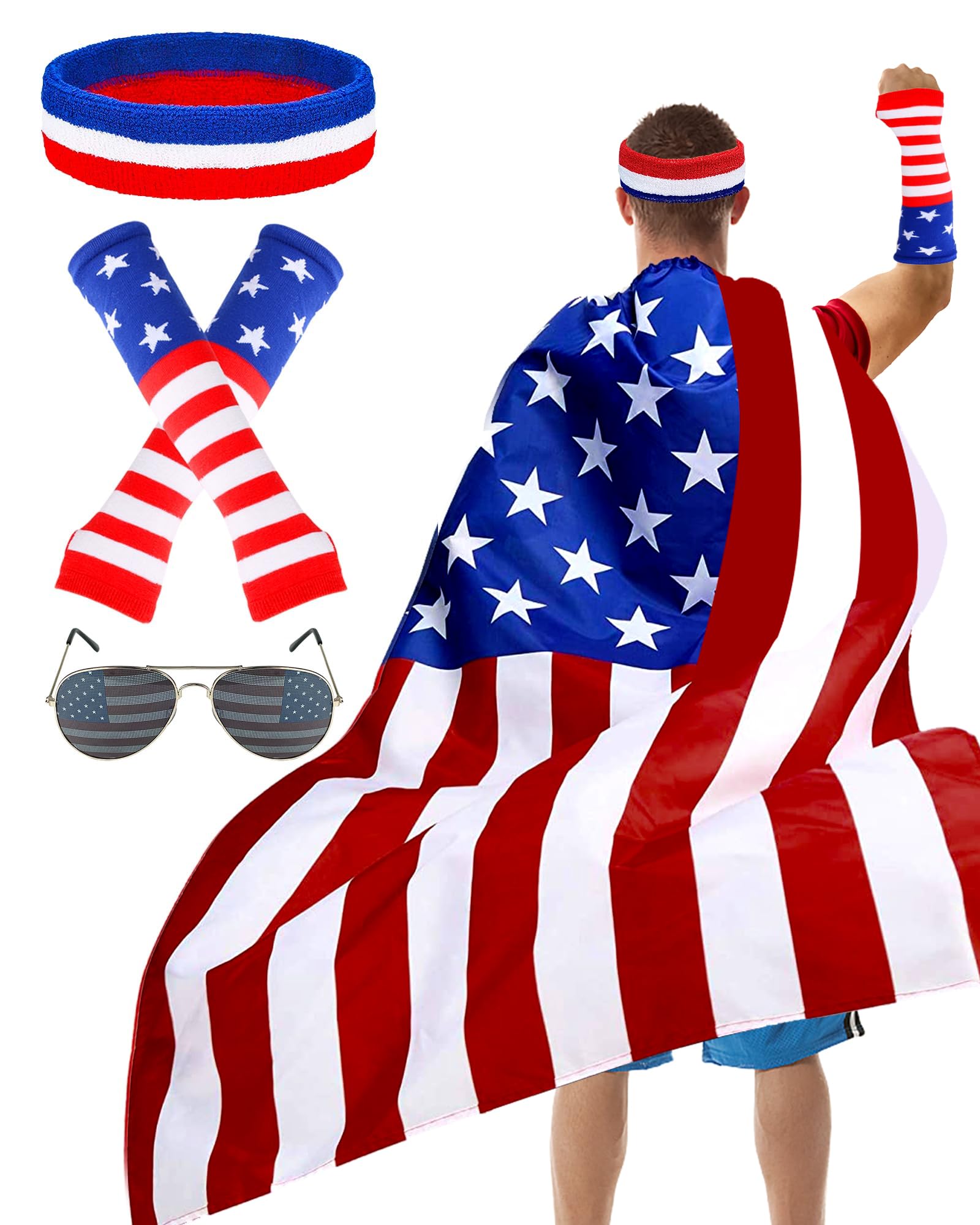 Dolkoic 4th of July American Flag Costume Cape for Adult Retro 80s USA Patriotic Flag Cloak Set Independence