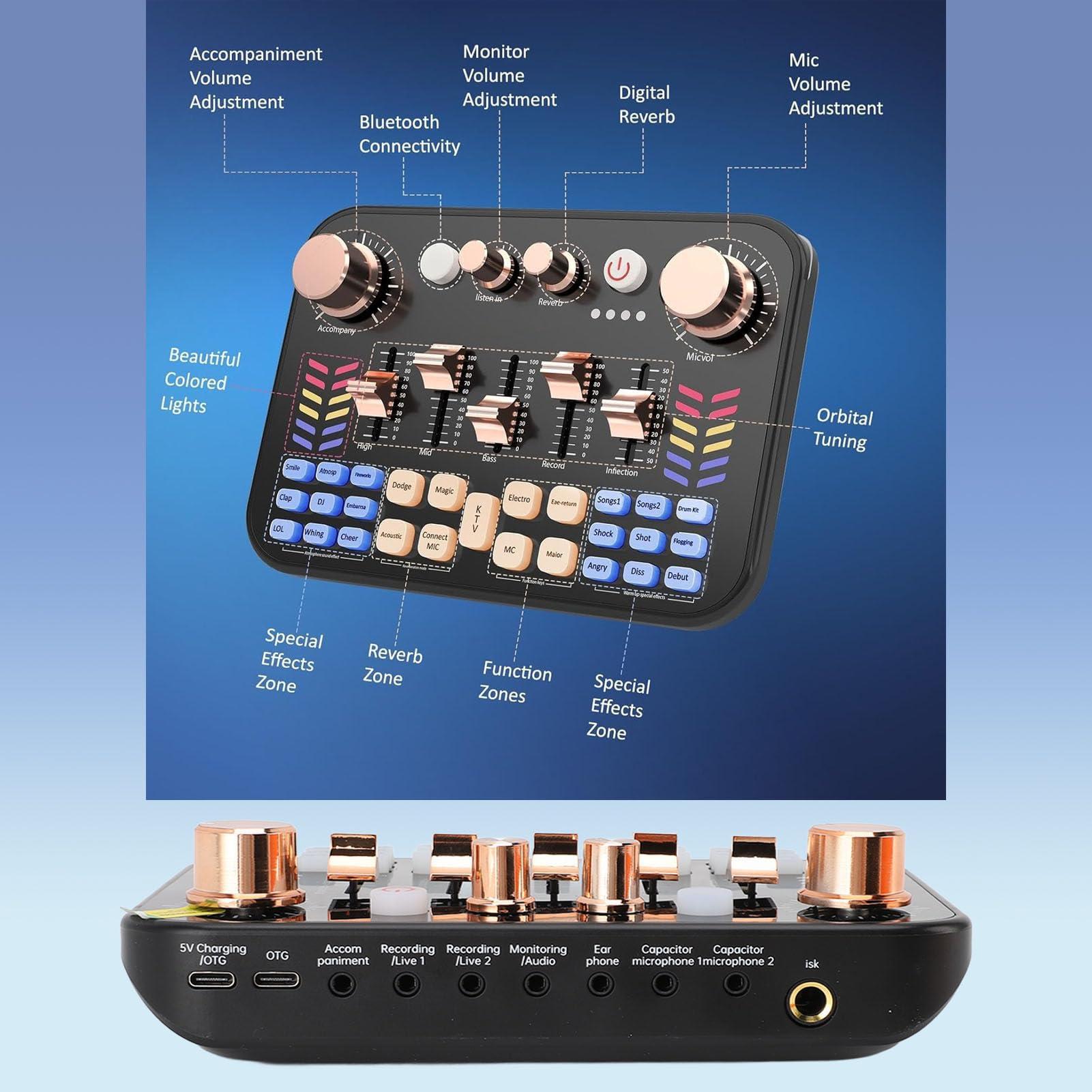 Tarjeta de Sonido en, Mezclador de Audio para Juegos con Luces de Respiración, Interfaz USB Inalámbrica BT para Transmisión de Podcasting, Juegos, Teléfono, Computadora