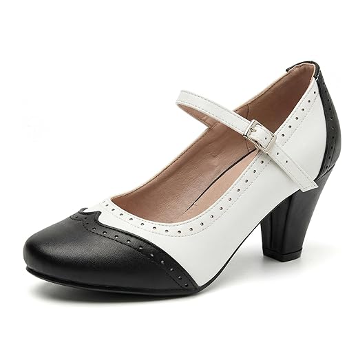 Sapatos Oxford Femininos Anos 50 Preto e Branco Selim Vintage Grosso Salto Alto Dois Tons Sapatos Femininos