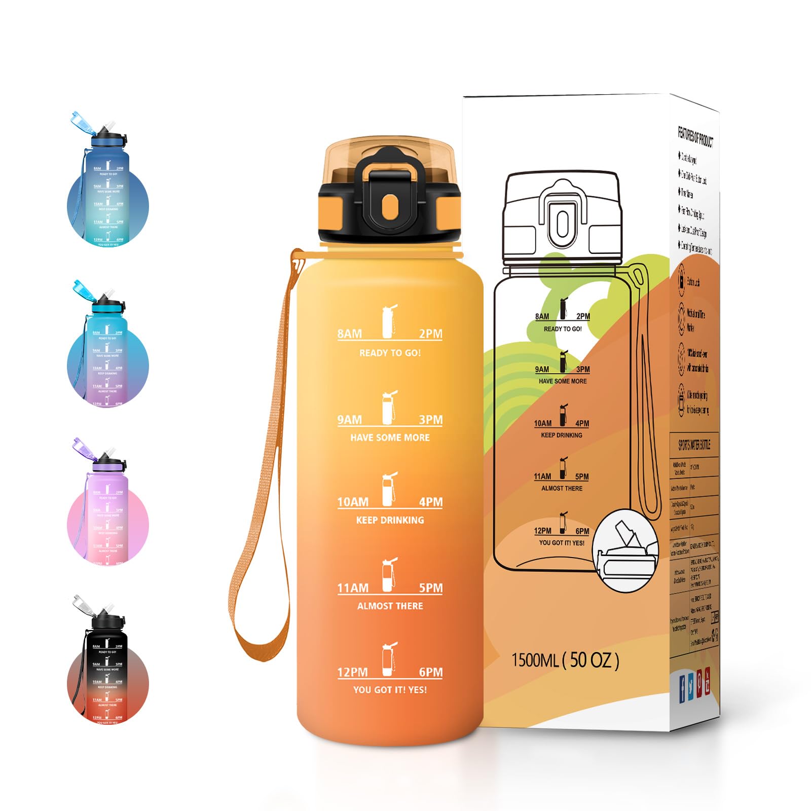 JAPORIA 1.5L Gym Water Bottle with Straw and Time Indicator, BPA Free, Leak Proof, Reusable Water Bottle for Fitness, Students and Office