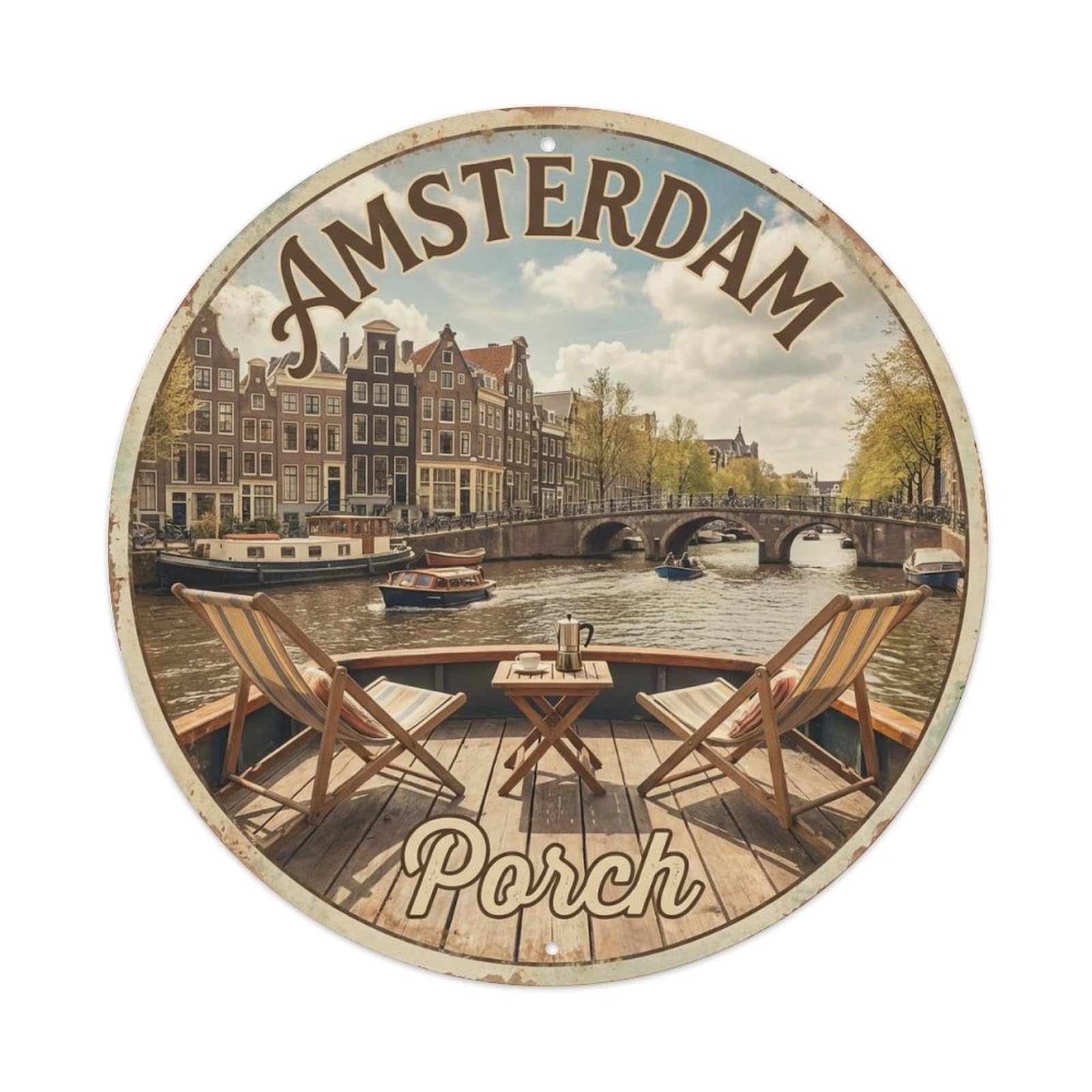 Yrnq 8X8inch Vintage Style Vintage Travel Amsterdam Netherlands Veranda Metal Tin Sign