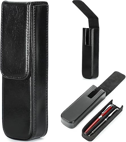 Vista 77 de Top Grain - Estuche organizador de cuero genuino para 12 bolígrafos y lápices, diseño minimalista sólido, hecho a mano, cierre magnético con cajón