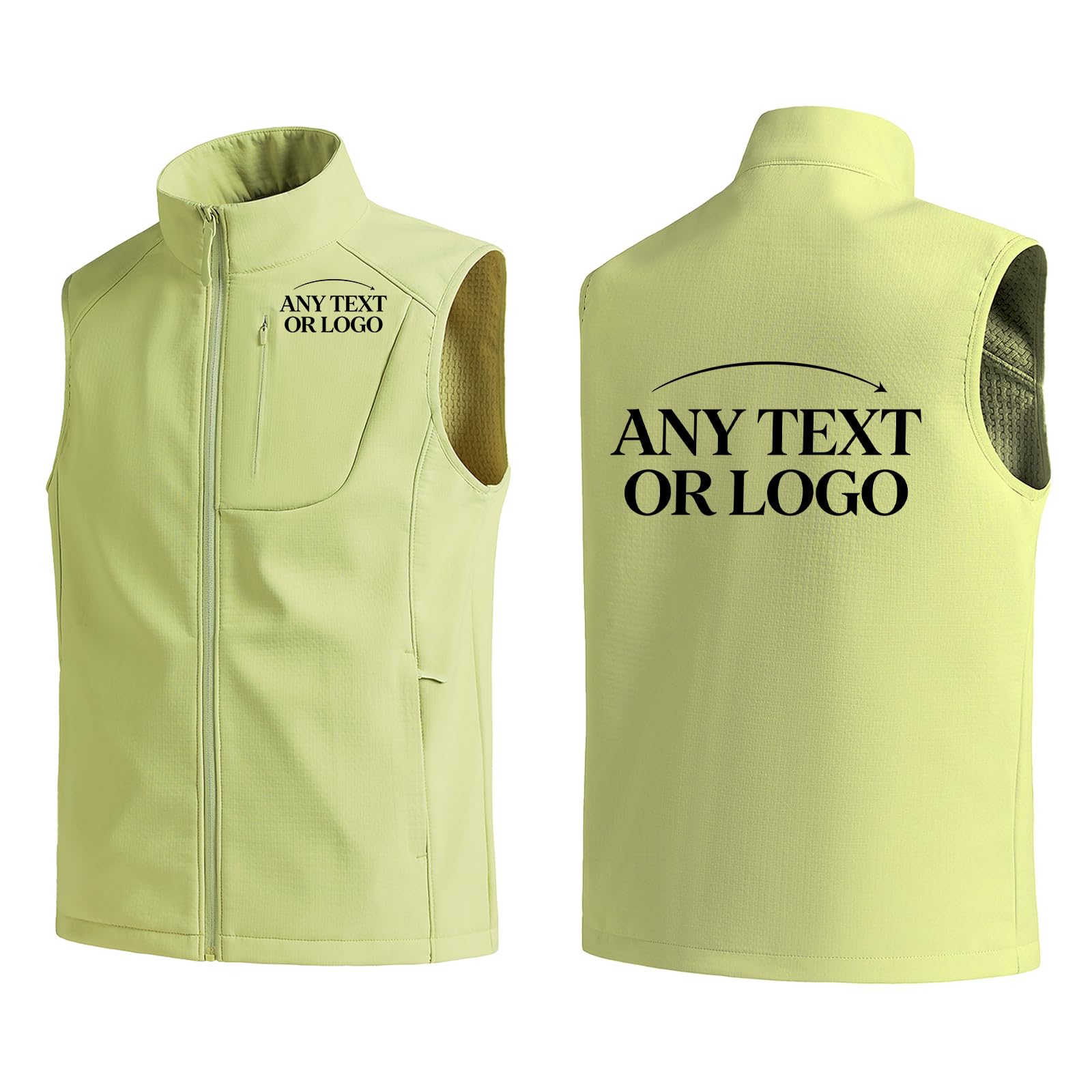 Gilet da uomo in softshell foderato in pile antivento con logo personalizzato | Progetta il tuo testo, colletto alla coreana, senza maniche, leggero, gilet sportivo con tasca, per uso esterno di squadra