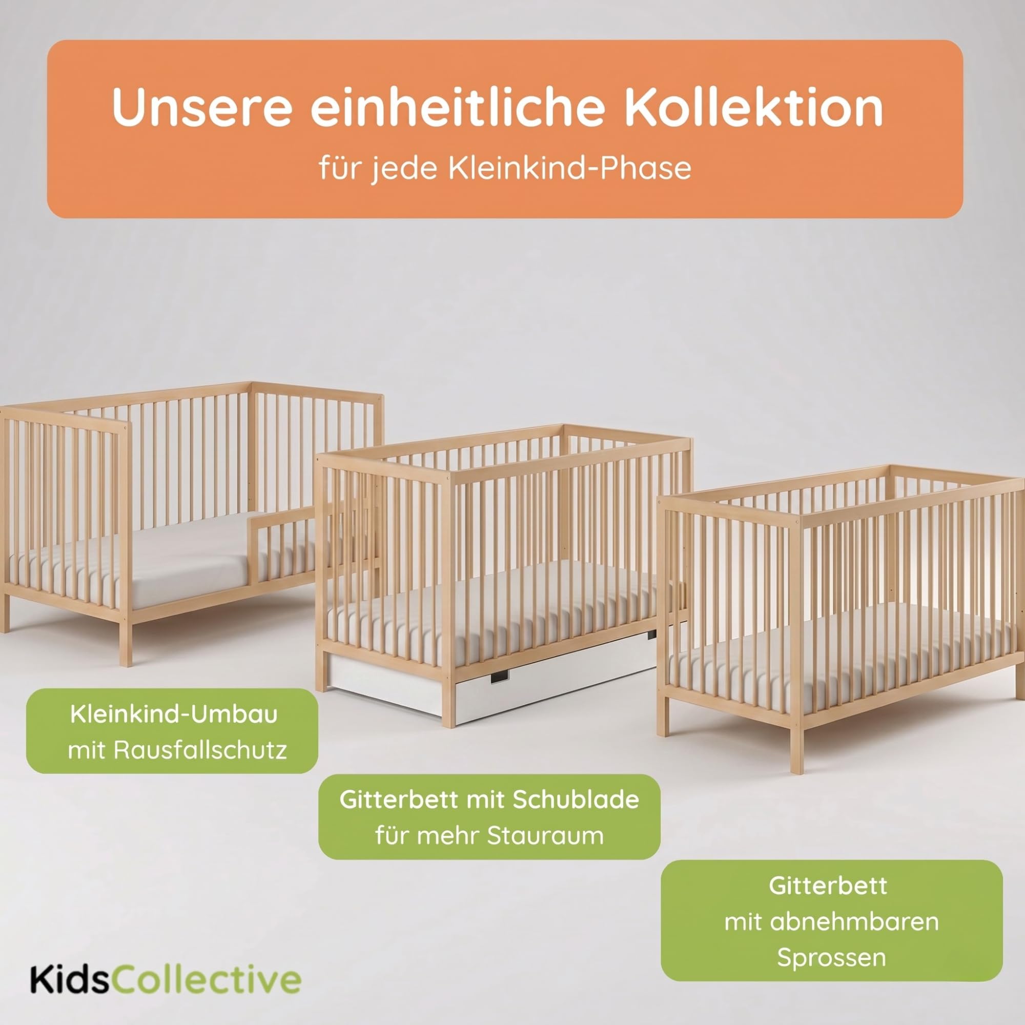 Kids Collective Babybett Kinderbett Gitterbett mit Rausfallschutz Baby Bett | stabiles Buchenholz | Juniorbett | Made in Europe | Kinderzimmer Jugendzimmer Möbel | 70x140 cm | Natur