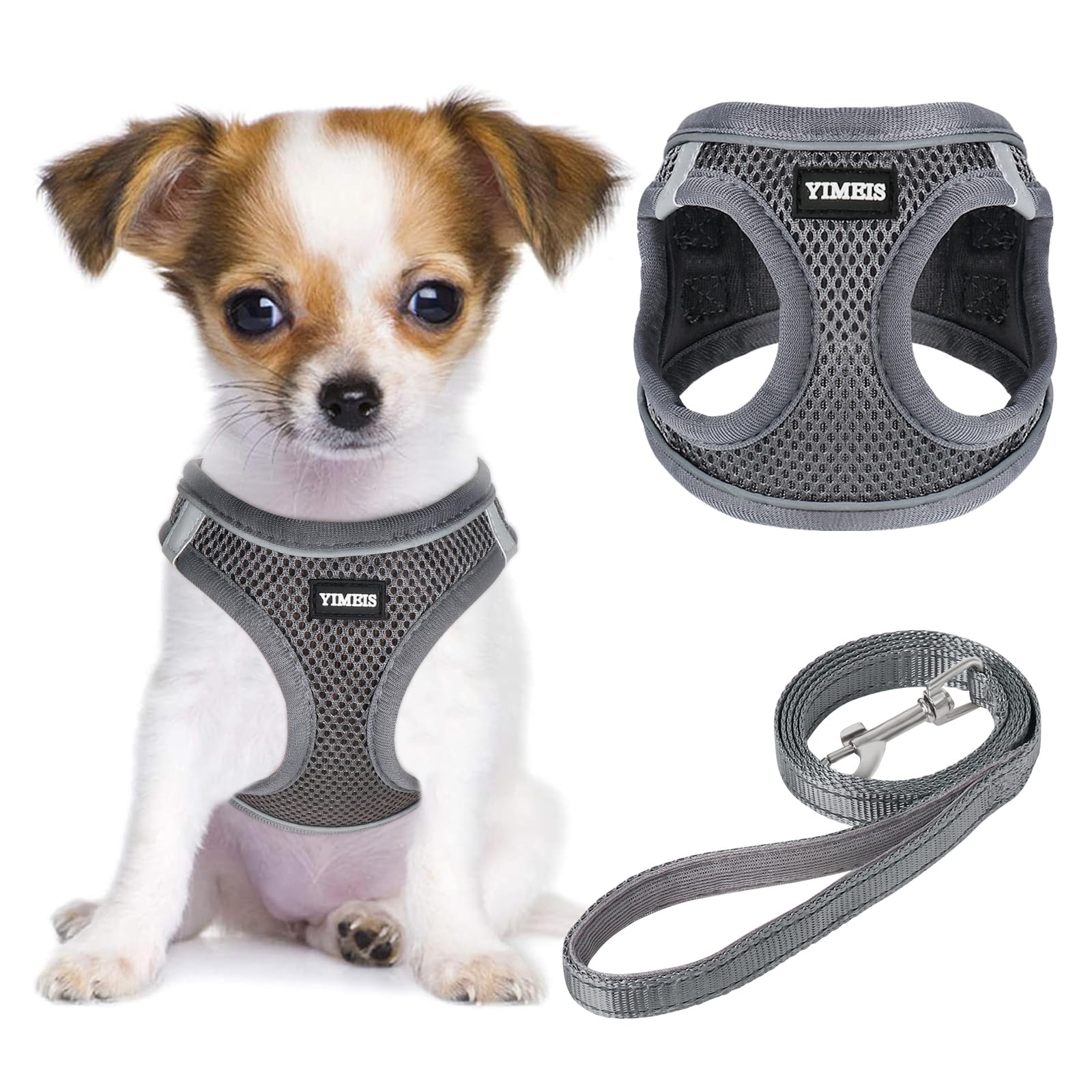 YIMEIS Dog Harness and Leash Set, No Pull Soft Mesh Pet Harness, Reflective Adjustable Puppy Vest for Small Medium Large Dogs, Cats (Gray, Medium (Pack of 1)