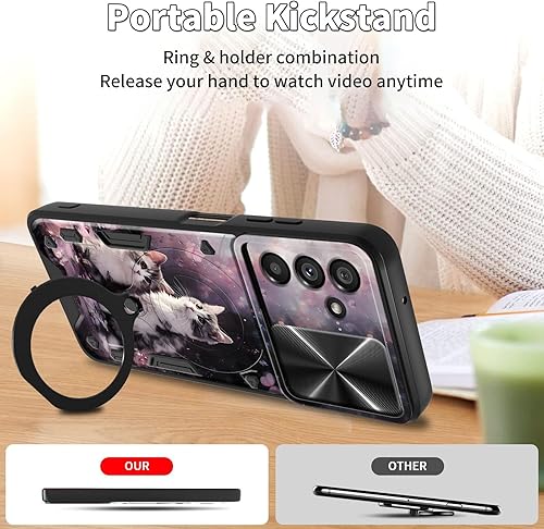 Vista 357 de Funda para Samsung Galaxy A13 5G con cubierta deslizante para lente de cámara y anillo giratorio de 360 grados, soporte híbrido de doble capa Flores