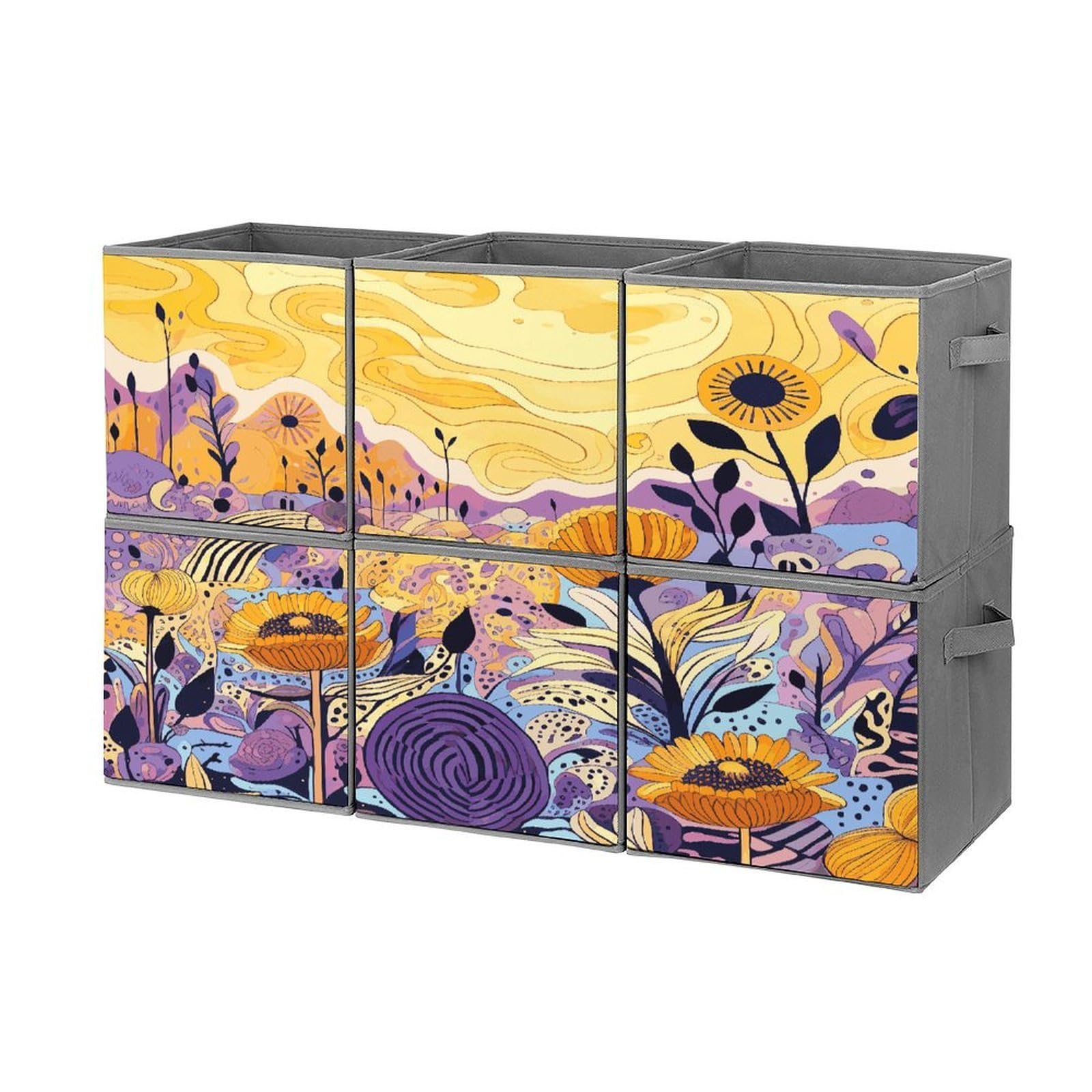 Btcowzrv Style Hand Drawn Flowers Storage Cubes, 6 Pack Oxford Fabric Foldable Collapsible Bins With Handles, Cubby Storage Baskets Boxes For Closet Shelves Office Organization