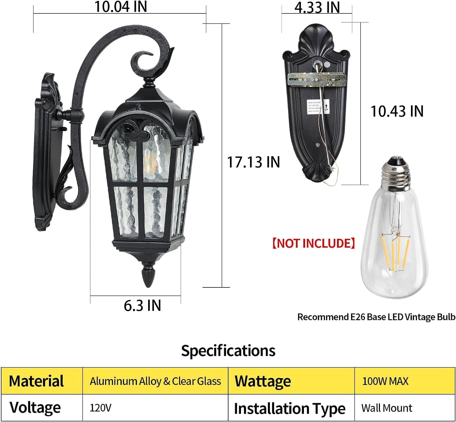 17.1'' Aluminum Outdoor Wall Lights- Black Roman Style Waterproof & Anti-Rust Exterior Lighting Fixtures, Hammered Outdoor Wall Lantern for Porch Patio Garage Courtyard Hallway Doorway