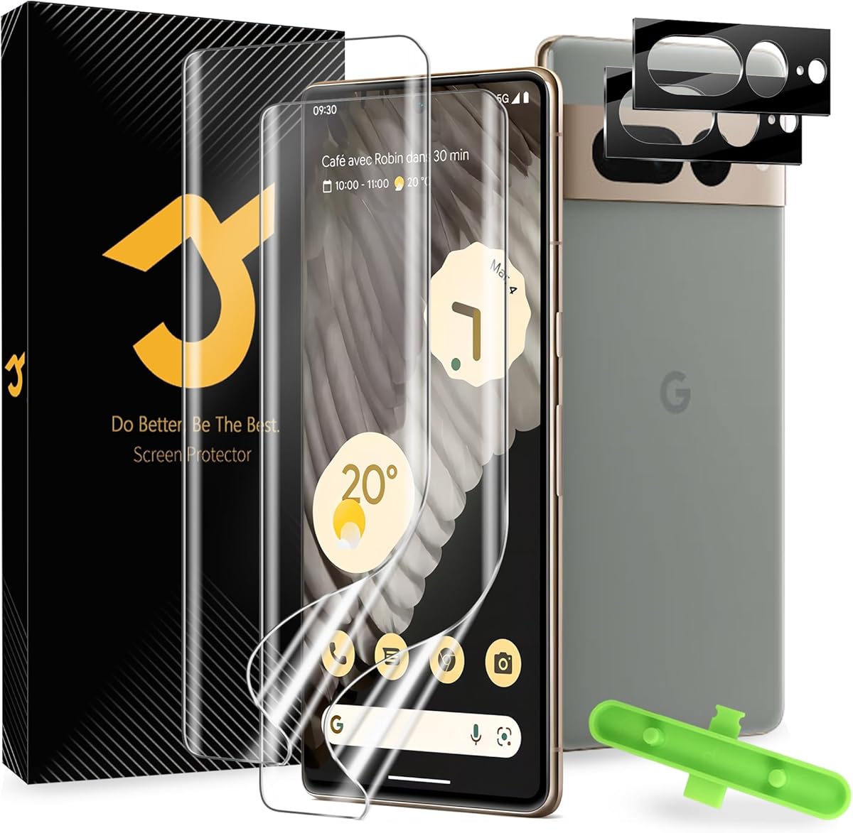 JZG 2 Pack Screen protector for Google Pixel 7 Pro (TPU), 2 Pack Camera Lens Protector, Fingerprint Unlock, Anti-Scratch, Easy Installation, Curved Edge Coverage