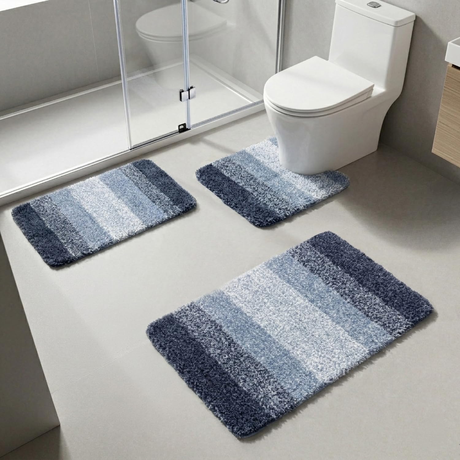 Generisch 3-teiliges Badezimmermatten Set, rutschfest, Waschbar, Weicher Polyester Badteppich, Saugfähig, WC Vorleger U-Form, Duschmatte, Badematte 91 × 61 cm (Blau)