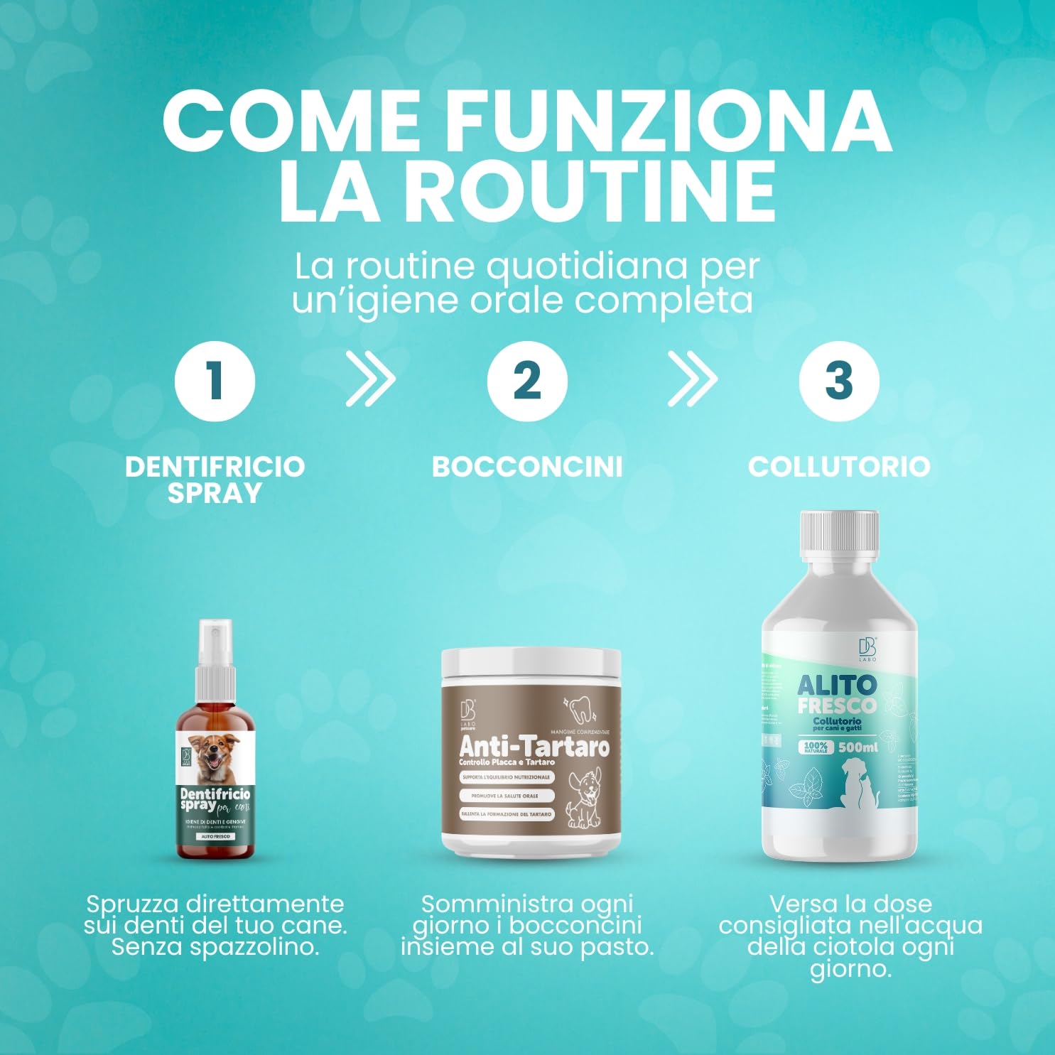Kit Pulizia Tartaro Denti Cane Spray Dentifricio, Colluttorio, Antitartaro | Set 3 prodotti Igiene Orale Cani con salvia, menta, tea tree, propoli e alga per denti, gengive e alito cane - Made in Ital