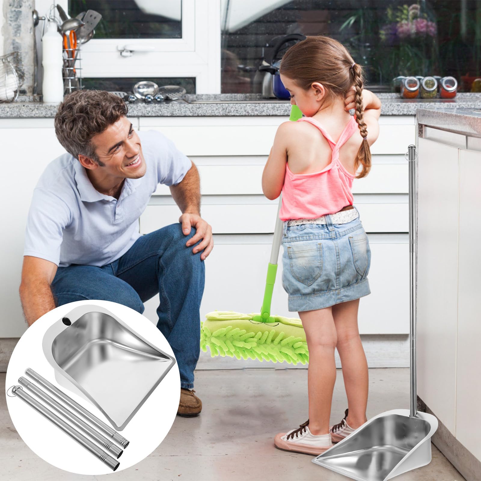 Genérico Pala de Basura Doméstica de Acero Inoxidable Grueso Mango Ergonómico de Tres Secciones, Recogedor de Limpieza para Cocina y Hogar, Herramienta Práctica para Manejo sin Agacharse
