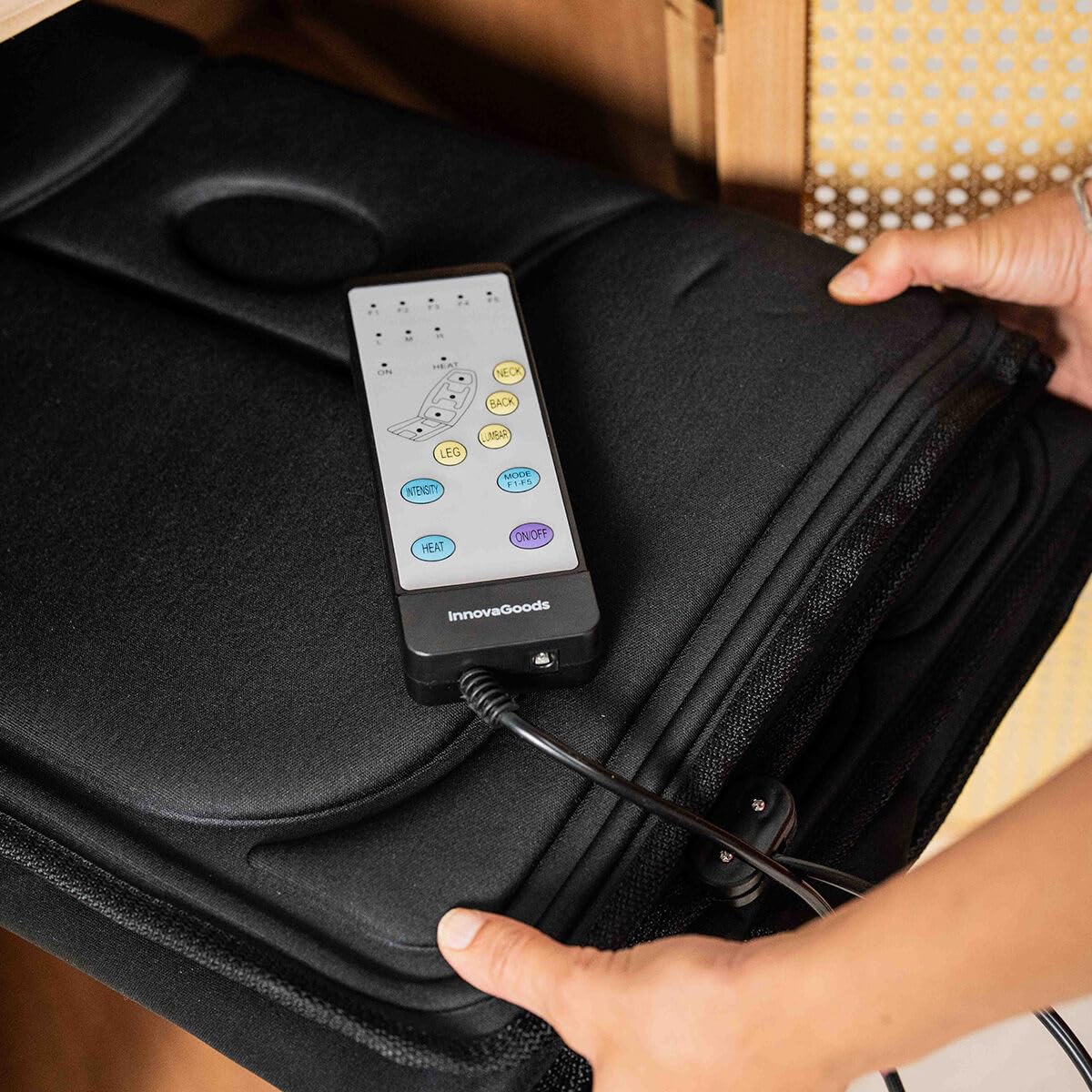 InnovaGoods® Colchón de Masaje eléctrico por Vibración de 10 motores, 5 modos de masaje, Función calor lumbar masajeador espalda con 4 zonas de masajes, ideal para cuello, espalda, lumbares y piernas