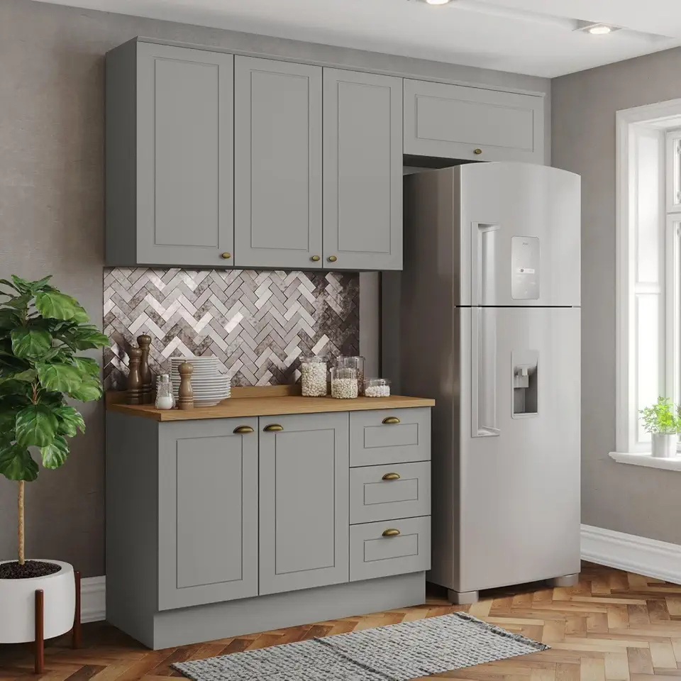 Cozinha Compacta 3 Peças 100% MDF com Tampo Americana Cinza/Nature