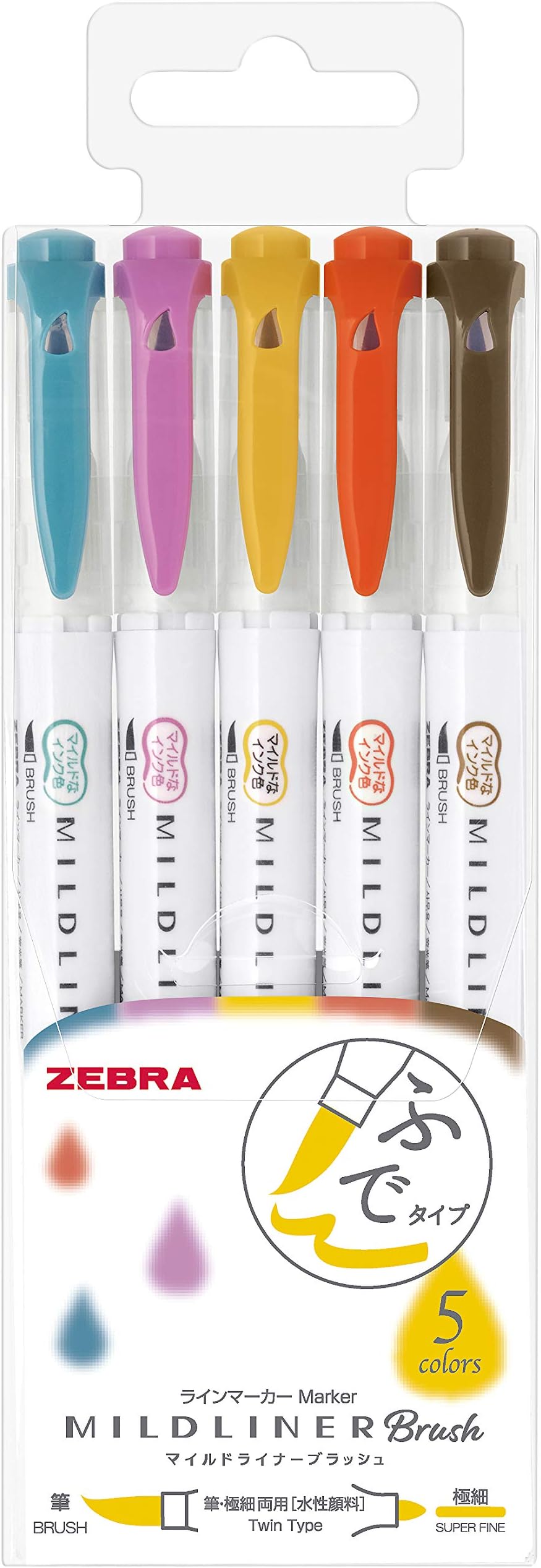 Zebra Highlighter Mildliner Brush Refined Color 5 Colors Set, WFT8-5C-RC
