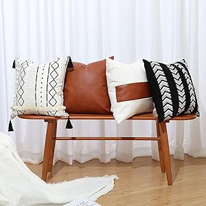 GALMAXS7 Boho Throw Pillow Covers 18 x 18 Set of 4 - Modern Stripe Geometric Farmhouse Decorative Pillow Cover Sets for Pillows - Couch Sofa Bed,Faux Leather Black and White Pillow Covers
