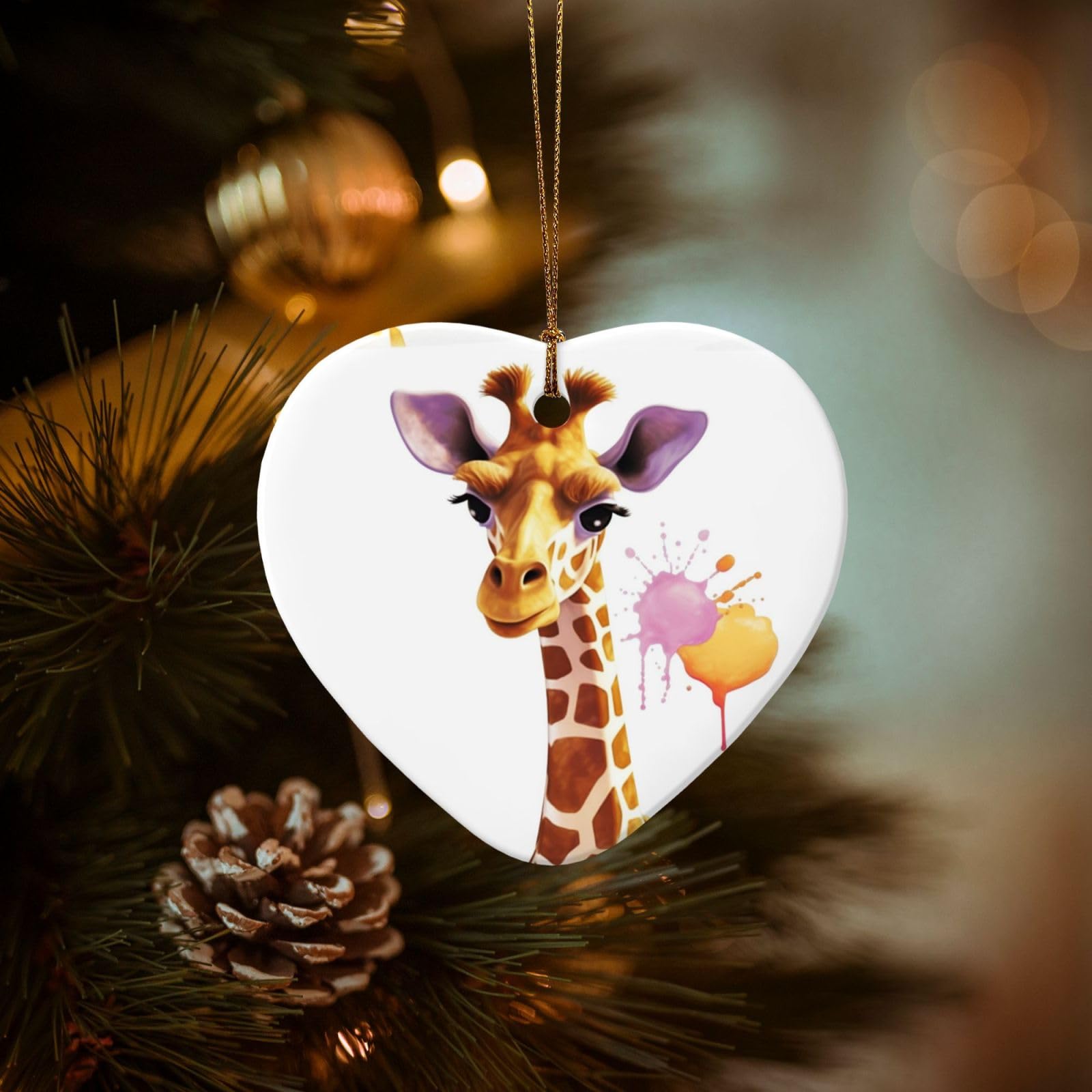 Christmas Ornaments for Christmas Tree Decoration Hanging Giraffe Ornament with Gold Ribbon Crafts Heart Shape Ceramic Pendant for Keepsake Gifts Xmas Decor Party Supplies
