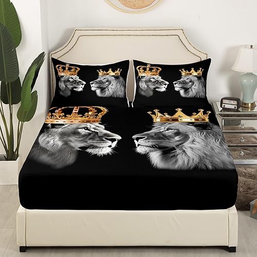 Miniatura 2 de Castle Fairy Wild Lion - Sábanas de cama para parejas, tamaño Queen, corona dorada de microfibra cepillada de lujo con sábana bajera plana de