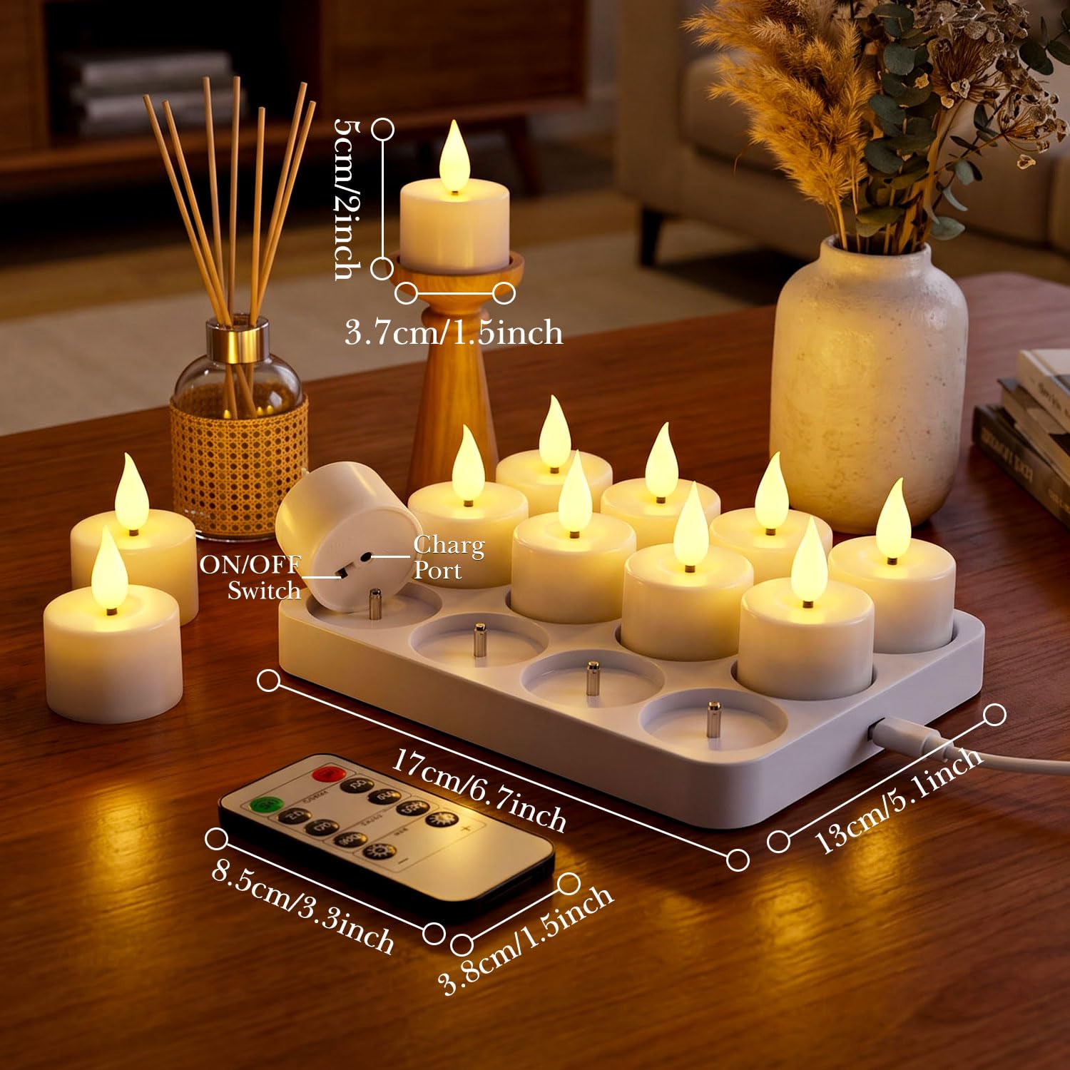 12 velas de té recargables, funcionan con pilas, sin llama, con temporizador remoto y base de carga, velas votivas parpadeantes LED para decoración de bodas y Halloween