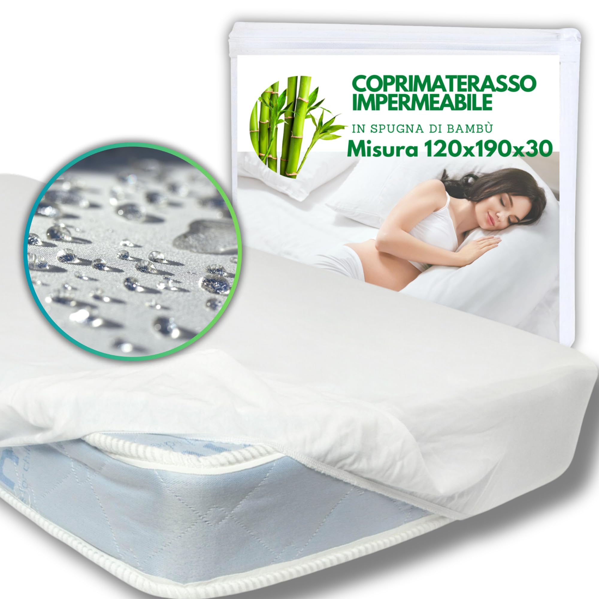 Coprimaterasso Impermeabile in Bambù Una Piazza e Mezzo 120x190x30