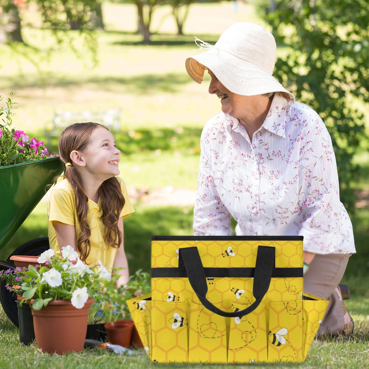 Yellow Bee Beehive Garden Tool Bag with 10 Pockets Easy Access Garden Tote Storage Bag Wear-Resistant & Reusable with 2 Handles Gardening Gifts 13" X 2.8" X 6.8"