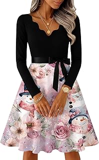 Christmas Dresses for Women V-Neck Long Sleeve Festival Xmas Outfits 2025 Party Bow Tie Graphic Dress