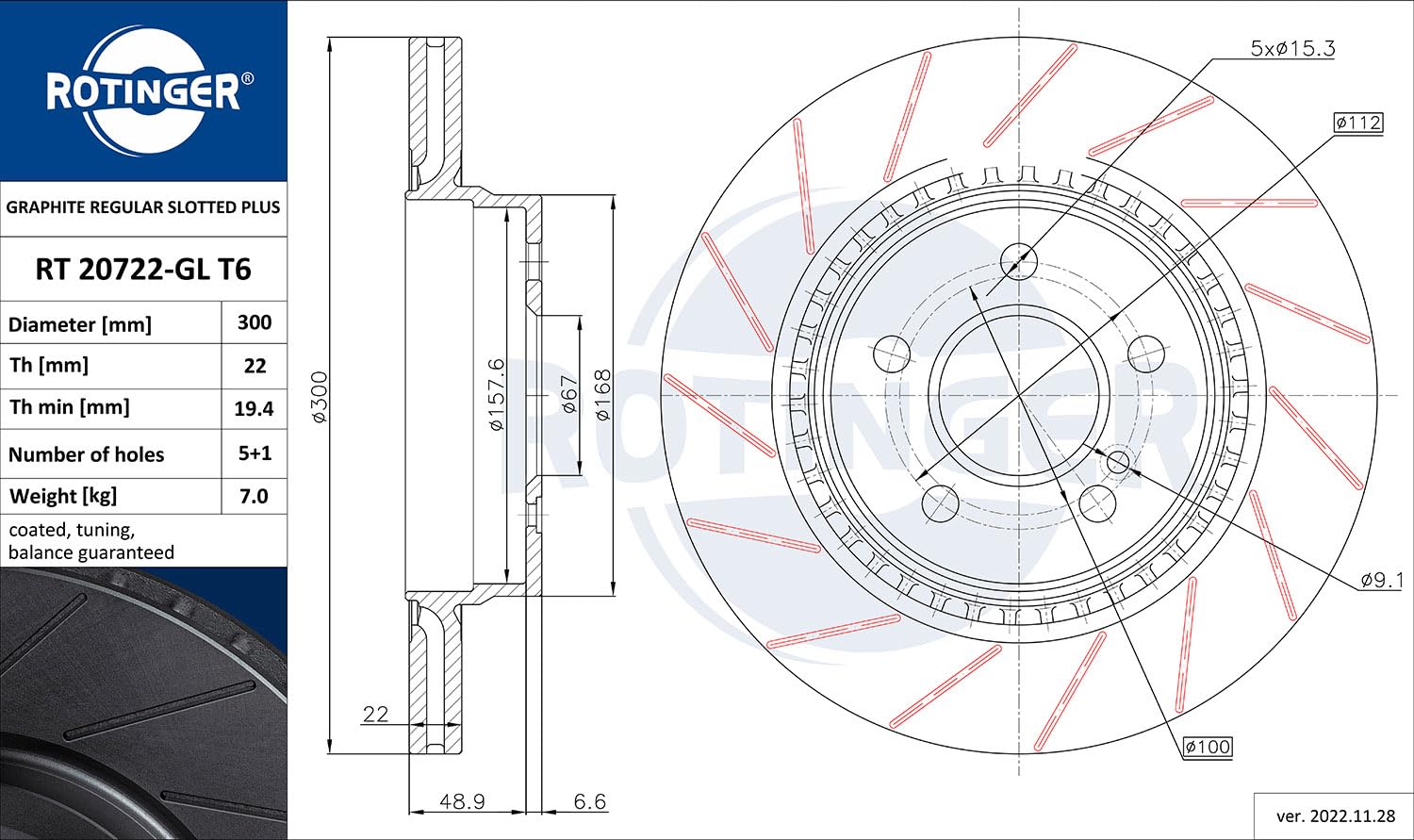 ROTINGER Rotori disco freno (asse posteriore, Set di 2 pezzi) Con rivestimento anticorrosione, RT 20722-GL T6