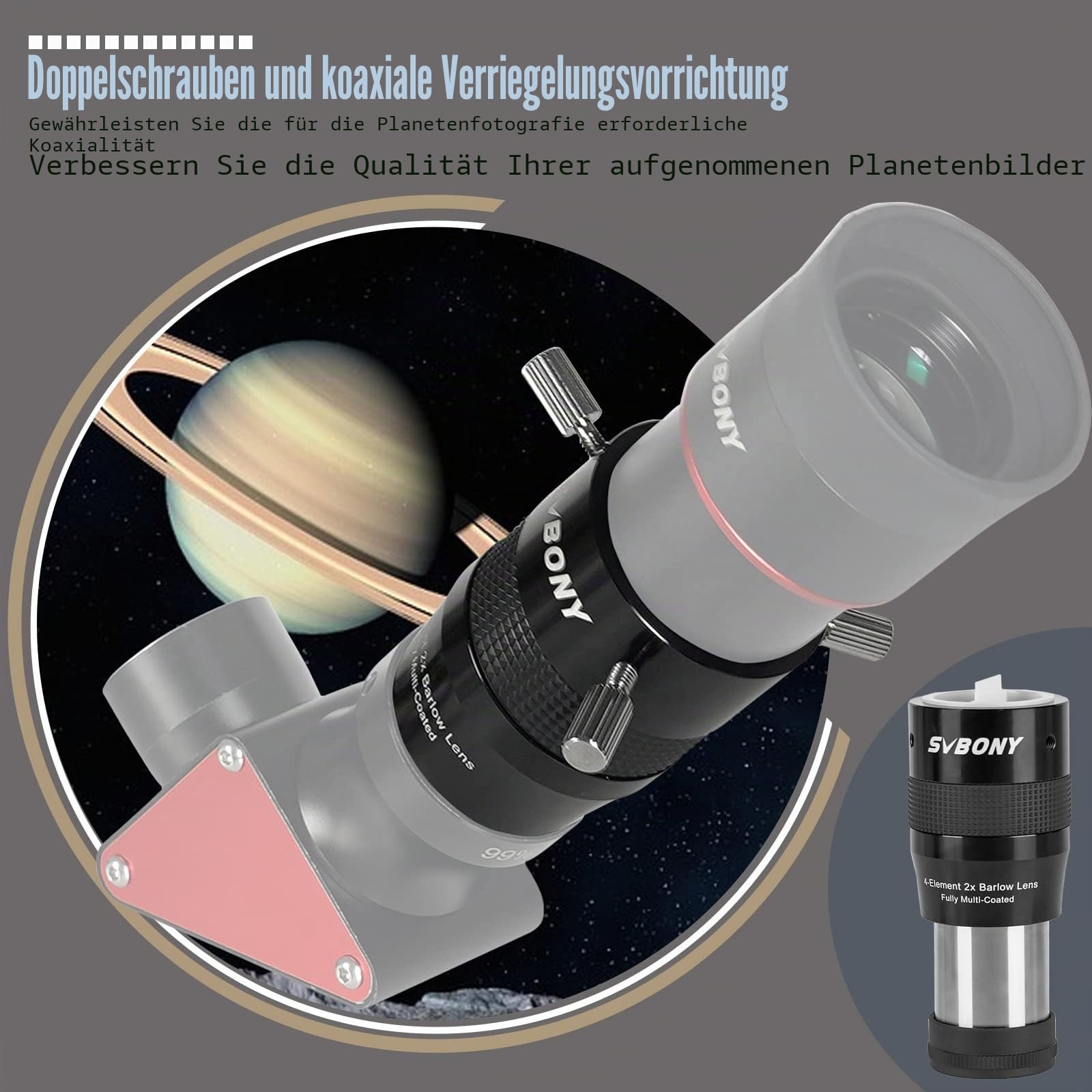 Svbony SV216 Barlowlinse 2X, 1,25 Zoll Metall Barlow 4-Elemente Apochromatisches FMC Teleskoplinse für Planetenfotografie und Beobachtung