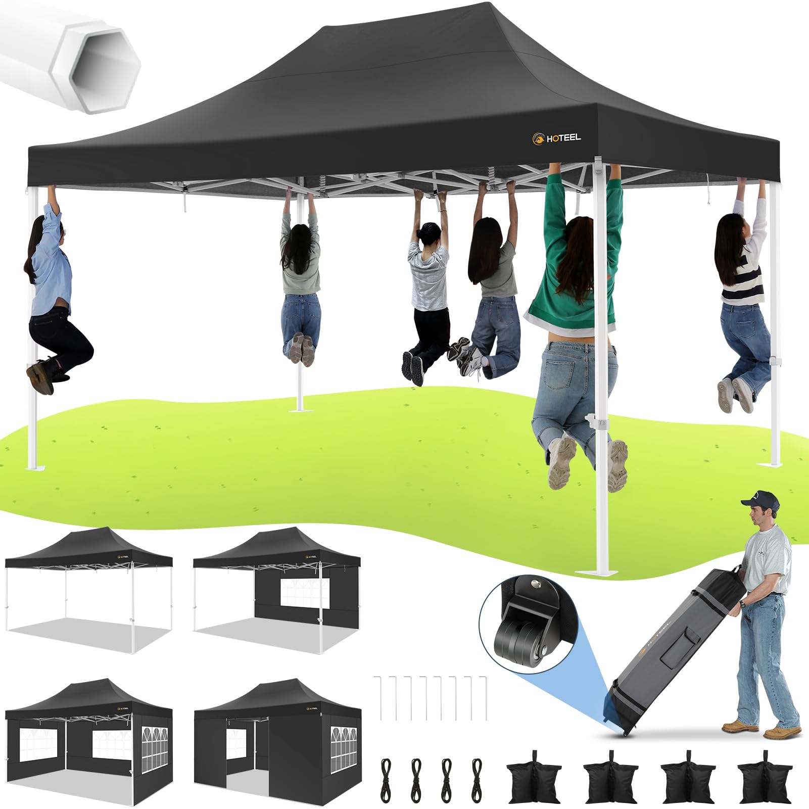 HOTEEL Pavillon 3x4,5m Wasserdicht, Verstärkte Sechskant-Beine, Schwarz | Pop-up Zelt mit wasserdichtem und UPF 50+-Stoff,tragbare Rollen-Tasche, Pavillon für Veranstaltungen/Gartenpartys/Marktplätze