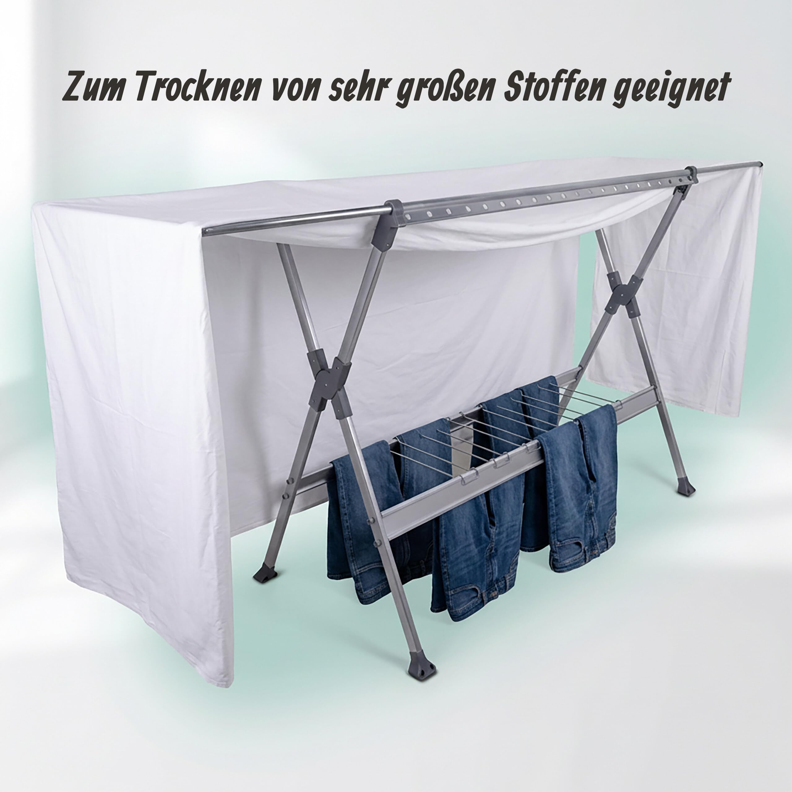 Relaxdays Wäscheständer, ausziehbar, klappbar, Silber | HxBxT: 126,5 x 150-250 x 76 cm, für Kleiderbügel, Trockenständer
