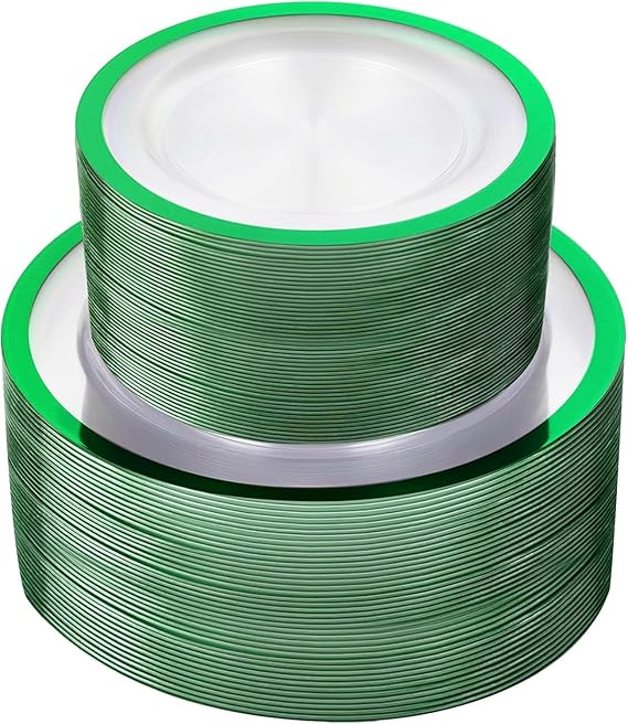 U-QE 120PCS Clear Green Plastic Plates - Clear Plastic Plate Disposable Heavy Duty- Include 60 10" Dinner and 60 7" Dessert Plates, Perfect for Party, Wedding