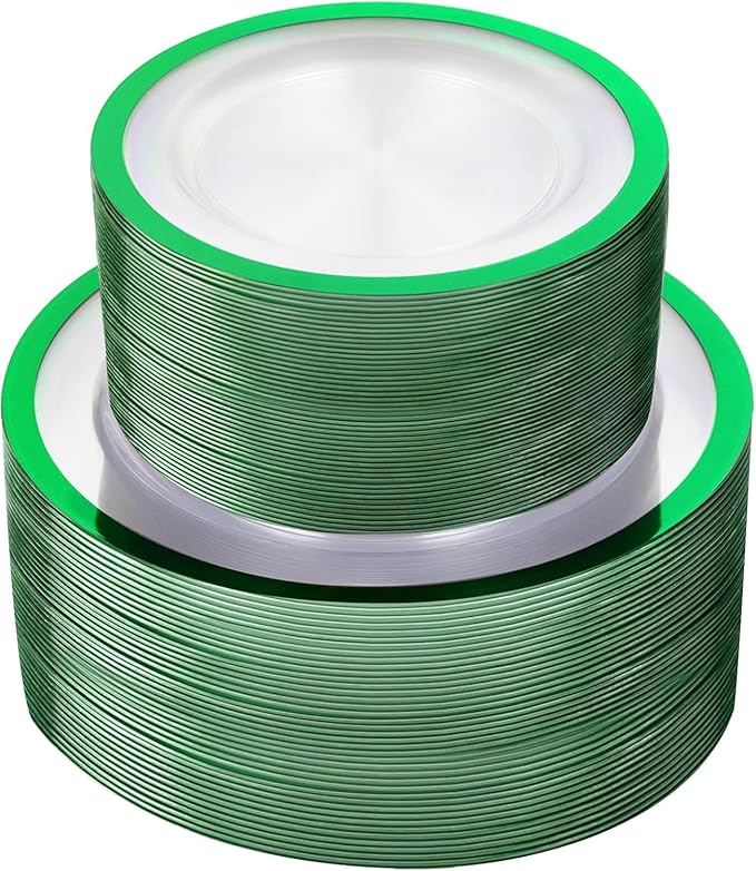 U-QE 120PCS Clear Green Plastic Plates - Clear Plastic Plate Disposable Heavy Duty- Include 60 10" Dinner and 60 7" Dessert Plates, Perfect for Party, Wedding