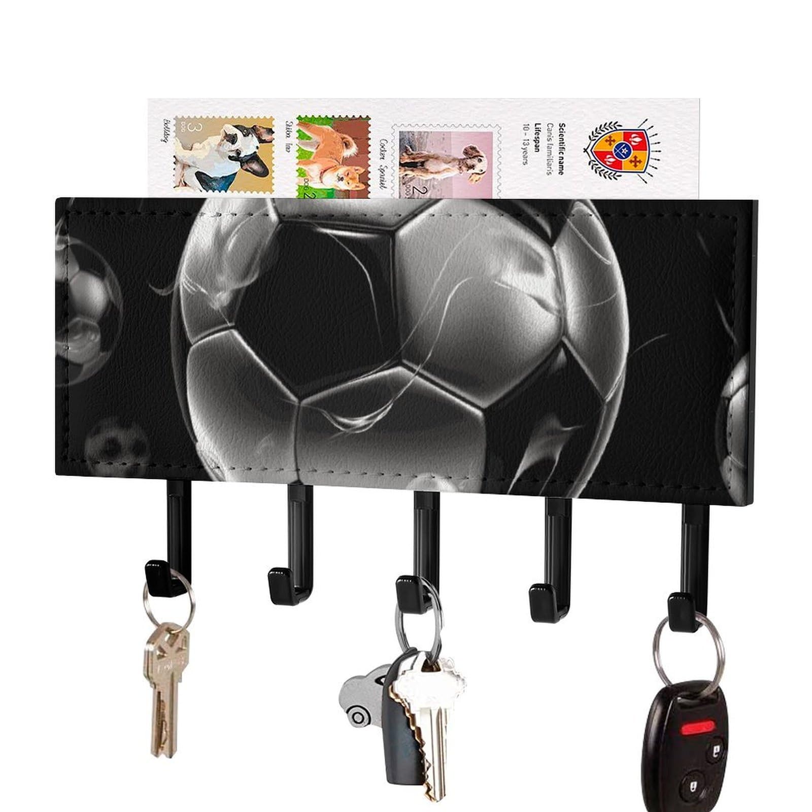 Fekiloot Black Soccer Key Holder For Wall Adhesive, No Drilling, Key Hooks With 5 Hooks Wall Mounted, Self Adhesive Keys Rack For Entryway, Hallway, Living Room, Kitchen, Office