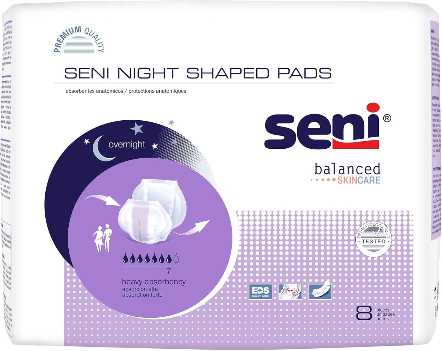 Seni Night Shaped Pads, 27" Length, Heavy Absorbency Incontinence Pads with a Super Absorbent Core, 48 Count (6 Packs of 8) Unisex, Breathable with Extra Dry System